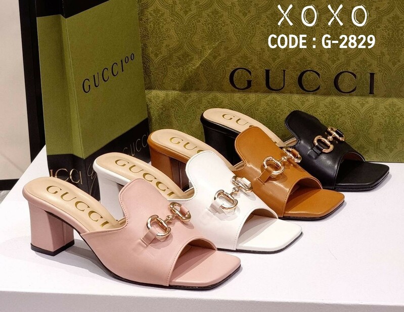 Gucci Mid Heel รองเท้าส้นกลาง 3 นิ้ว งานสวม สวย เก๋ วัสดุหนัง PU ทรงเปิด ด้านบนติดอะไหล่สีทอง ส้นแท่ง ยื่น เดิน ใช้งานง่าย น้ำหนักเบา แมทส์ชุดง่าย