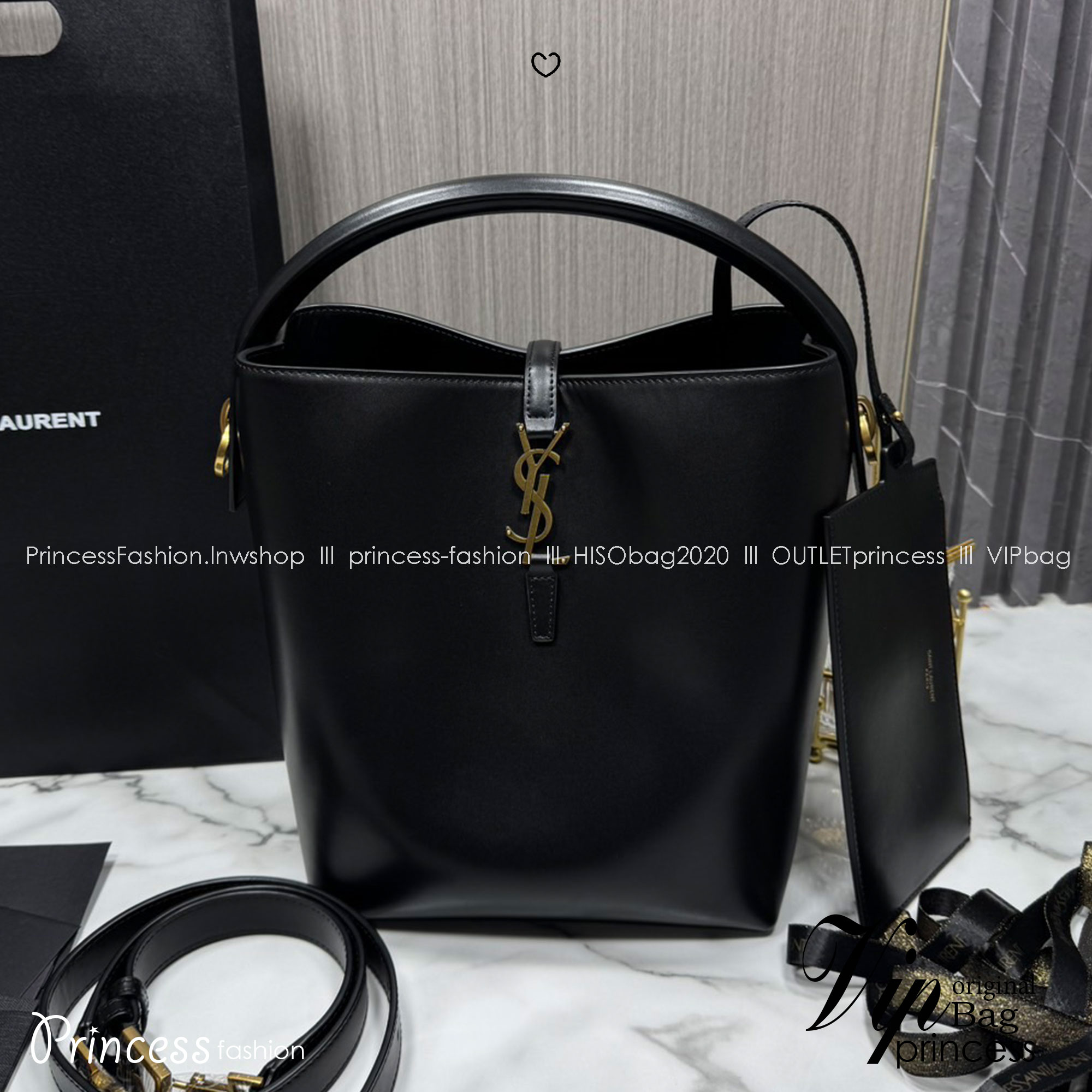 TOP ORI หนังแท้ | YSL Le 37 in shiny leather bag / YSL Bucket Bag กระเป๋าสะพายทรงทรงถัง โดดเด่นด้วยตัวปิดแบบตะขอ Cassandre พร้อมหูจับด้านบน และสายสะพายไหล่แบบปรับได้และถอดออกได้