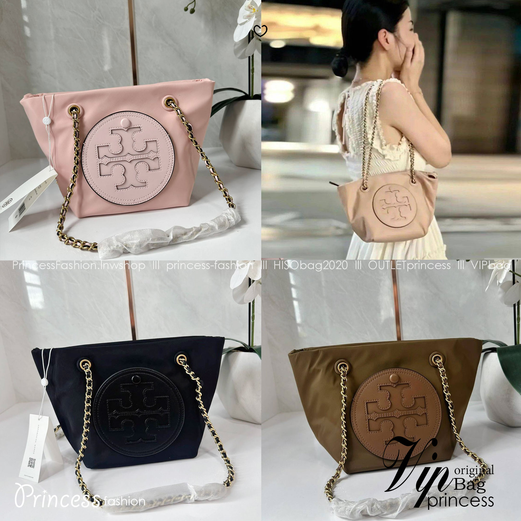 TORY BURCH Ella Chain Crossbody Nylon Bag กระเป๋าคล้องไหล่สายโซ่หรูหราโดดเด่นด้วยโลโก้หนังด้านหน้า สามารถปรับสะพายคอสบอดี้ สะพาลไหล่ได้
