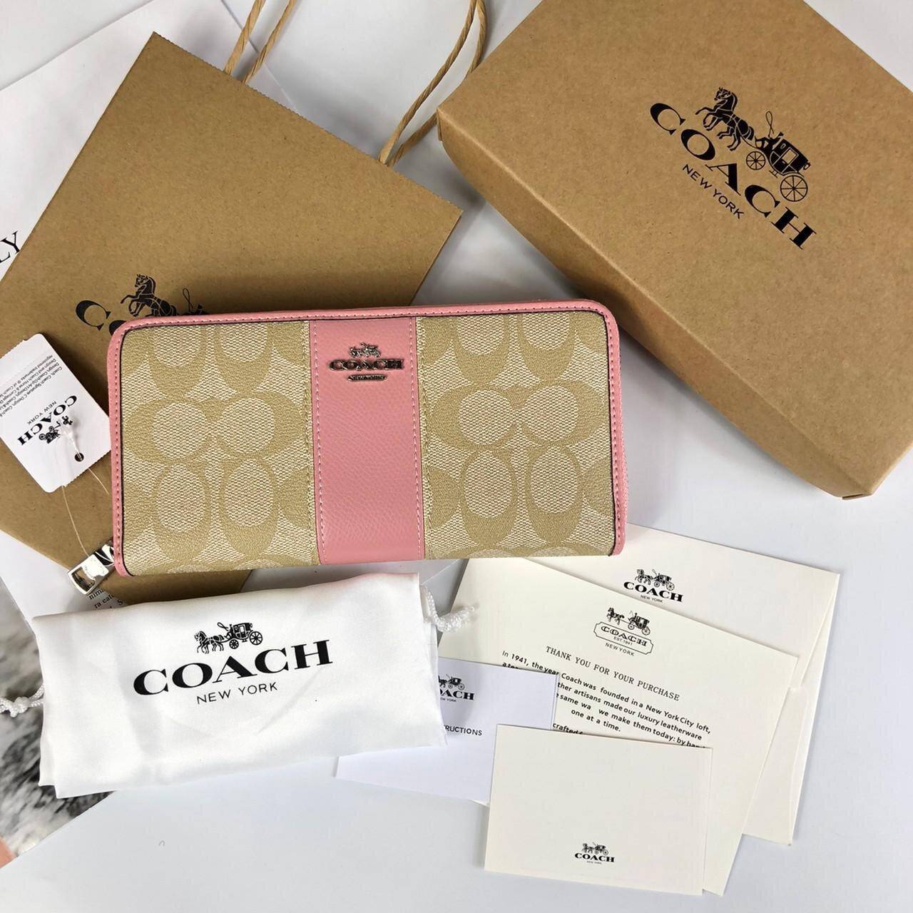 ของแท้ COACH Accordion Zip Wallet in Signature Coated Canvas with Leather กระเป๋าสตางค์ใบยาว เปิด-ปิดกระเป๋าด้วยซิปรอบ