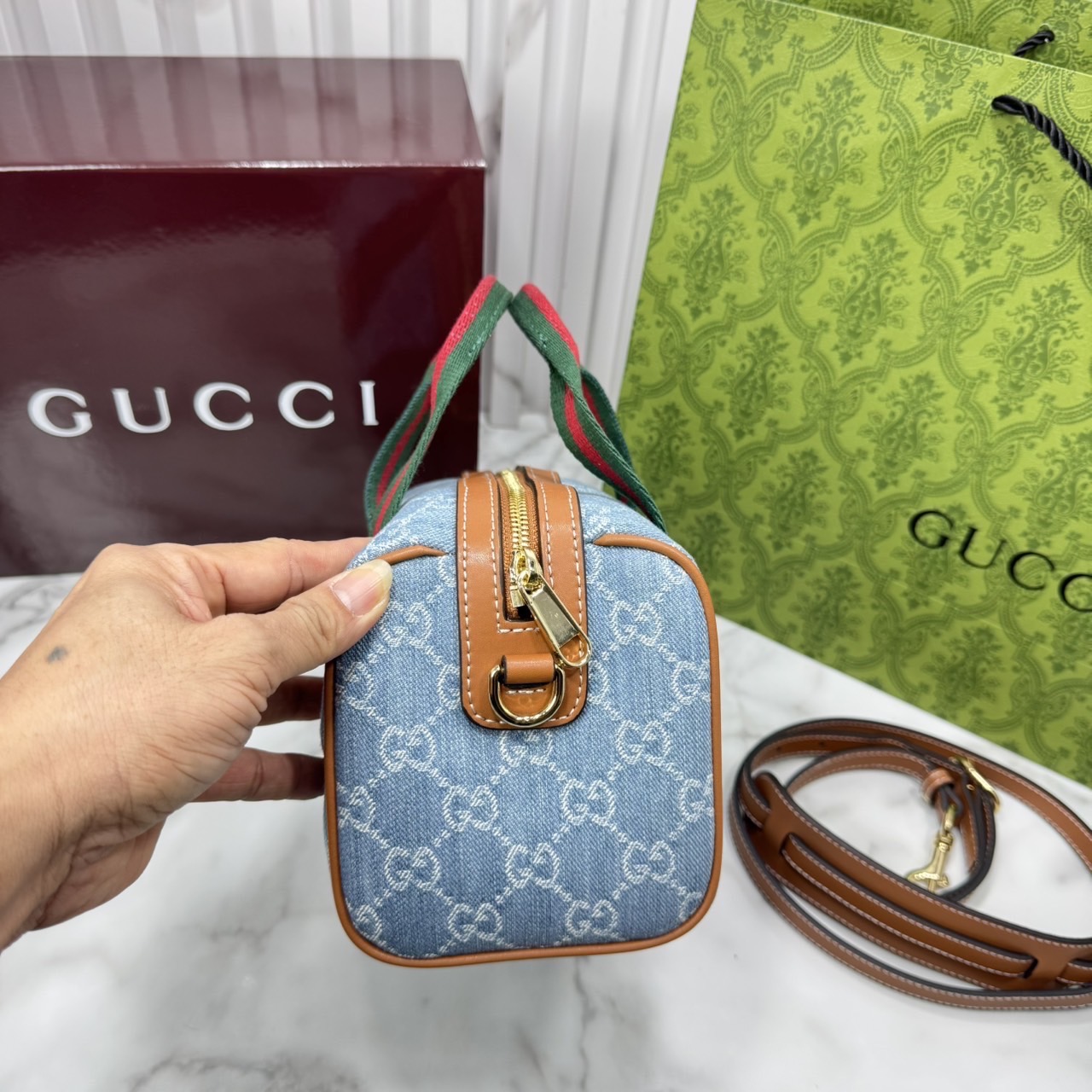 ORI หนังแท้ | Gucci Mini GG handbag denim กระเป๋าสะพายทรงหมอนไซส์มินิ คอลใหม่ดีไซน์เดนิมสวยมาก ตีความรูปทรงกระเป๋าบอสตันโฉมใหม่