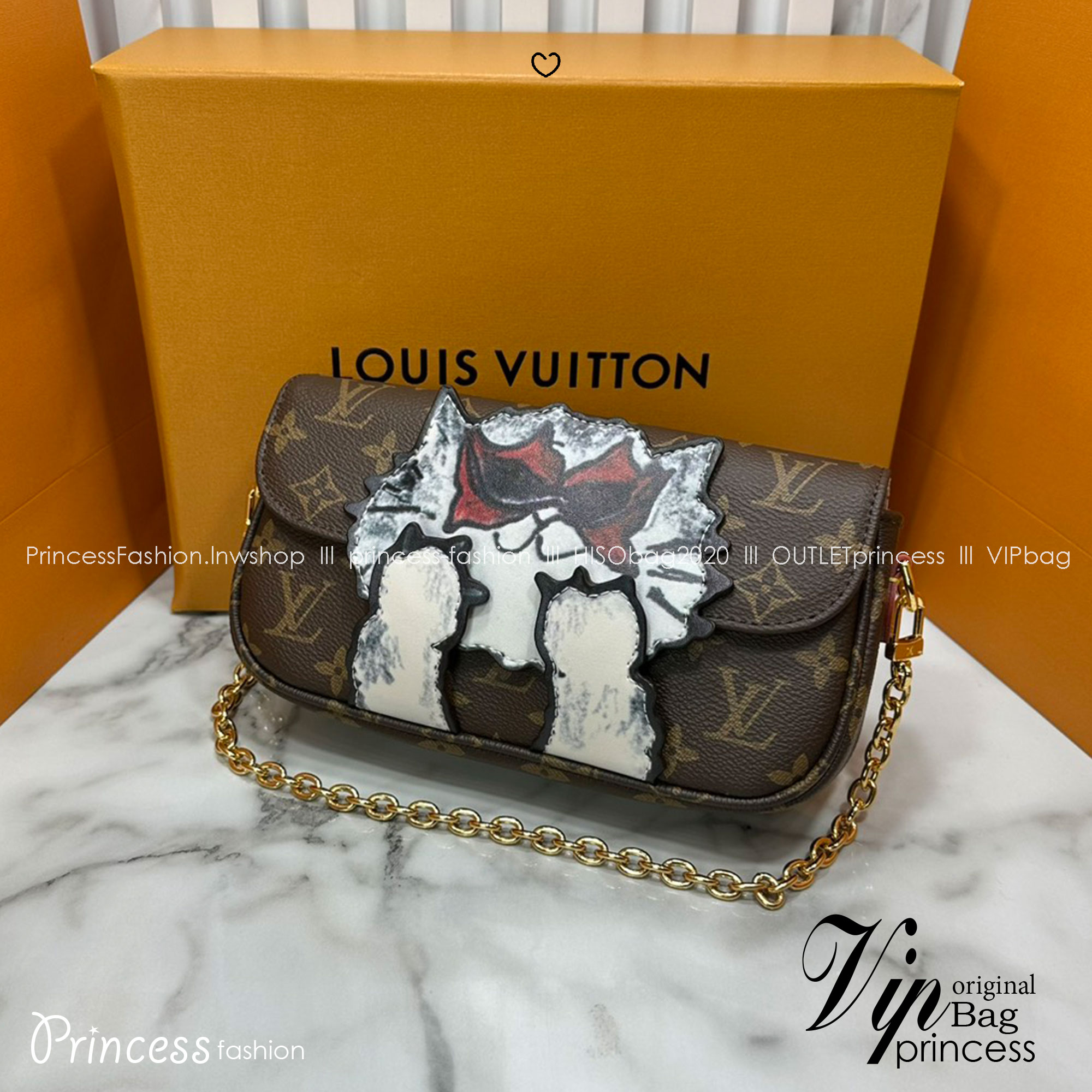 ORI หนังแท้ | LV Ivy chain wallet love of cats กระเป๋าสะพายไอวี่ดีไซน์กระเป๋าสตางค์ โดดเด่นด้วยการตกแต่งภาพประกอบแสนสดใสที่วาดมือลายน้องแมว พร้อมช่องใส่บัตร สายสะพายหนังและโซ่ถอดได้
