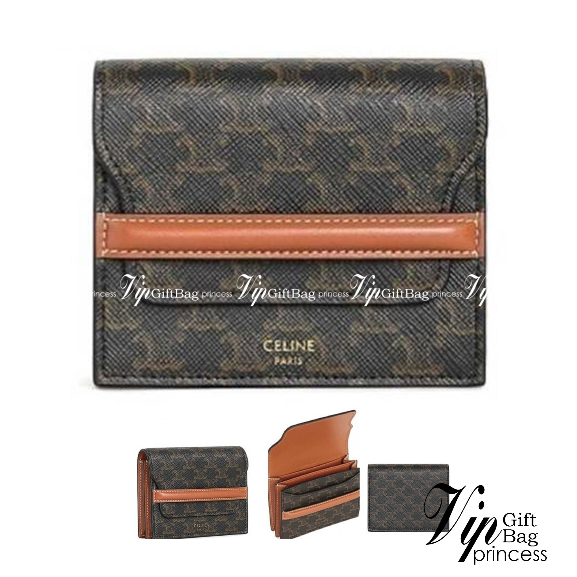 CELINE SHORT WALLET กระเป๋าสตางค์ซีลีนใบสั้น วัสดุ Triomphe Canvas หนังขึ้นลาย Signature Brand สวยอยู่ทรงมีโลโก้ด้านหน้าเปิดปิดด้วยฝาพับคาดเเถบหนังด้านหน้า ภายในมีโลโก้ มีช่องแบ่งหลายช่อง มีช่องใส่บัตรหลายช่อง สามารถช่องใส่เหรียญ บัตร ธนบัตรเเบบพับได้ ไอเ