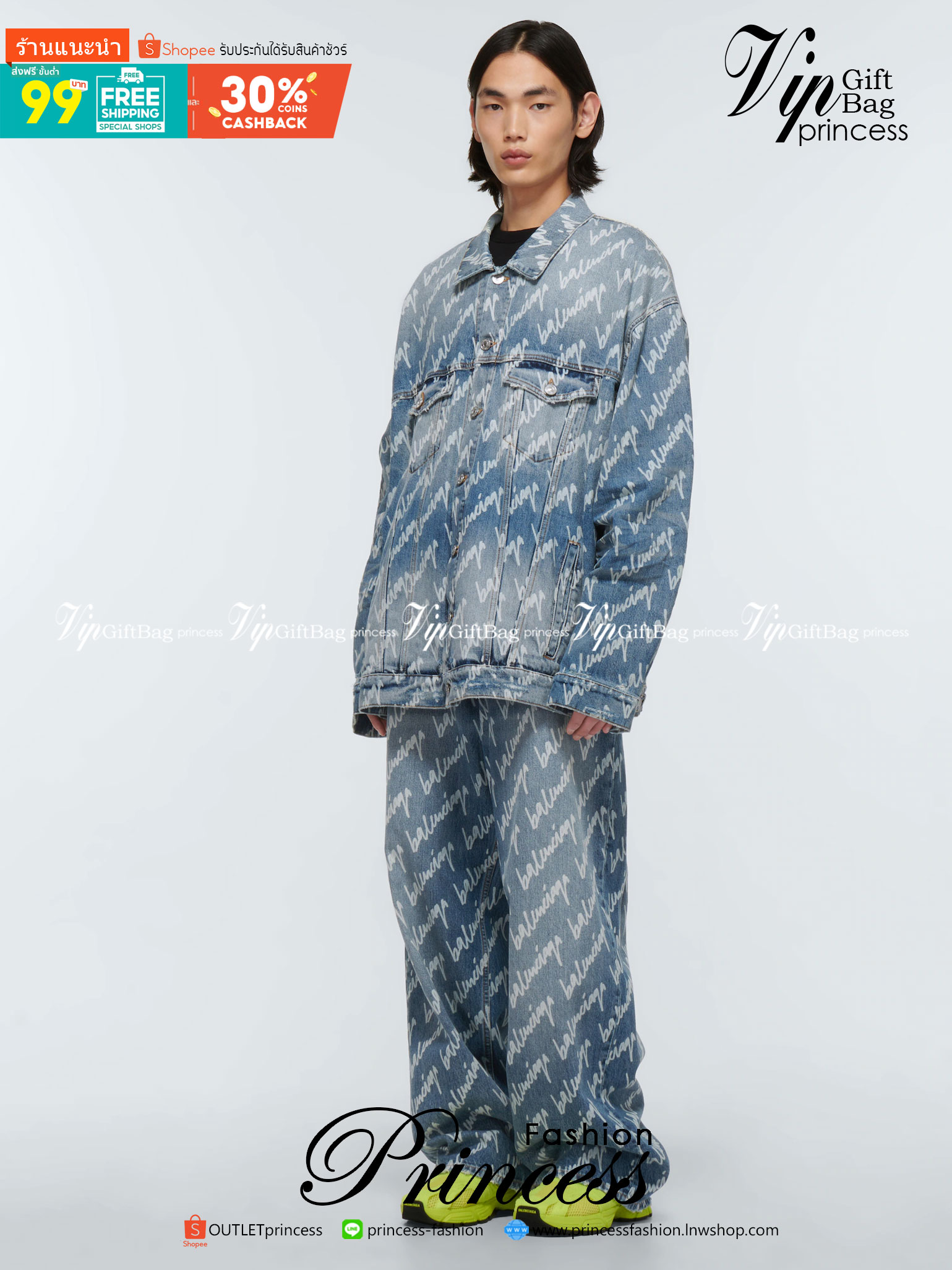 Balenciaga all-over logo denim jacket / BALENCIAGA Jacket เกรดออริจินอล มีป้ายแท็กที่คอเสื้อ ใส่ได้ทั้งผู้หญิงผู้ชาย พร้อมส่งที่ไทย