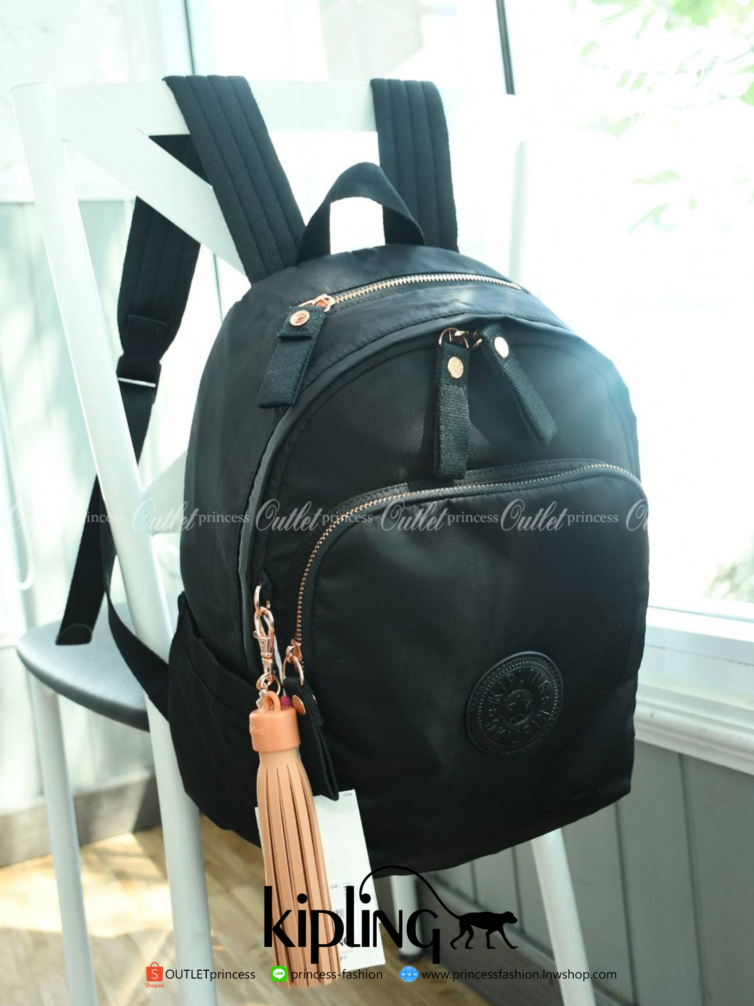 KIPLING Delia Medium Backpack with Front Pocket and top handle กระเป๋าเป้ไซส์ขนาดกลาง วัสดุ Polyester100% อะไหล่สี Rose gold พวงกุญแจmonkeyและพู่หนังrubber เพิ่มความหรูหรา