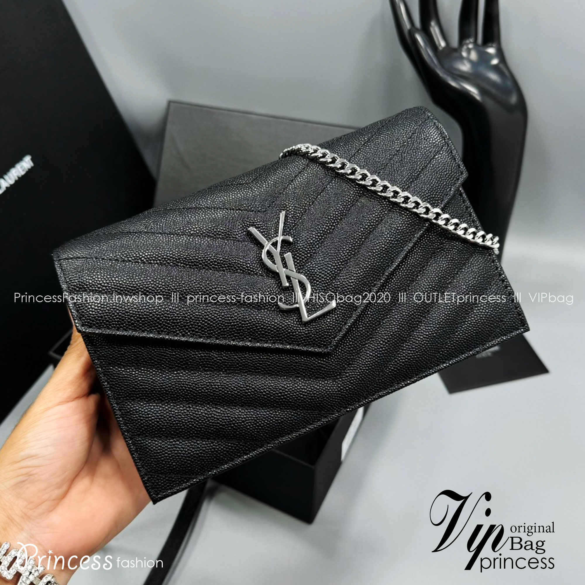 YSL Envelope WOC 7.5 Wallet on chain / YSL Clutch Bag 7.5" กระเป๋าสะพายรุ่นยอดนิยม เกรดหนังคาเวียร์สวยเต็มใบ เกรดออริ 1:1 ใช้งานต่างประเทศได้
