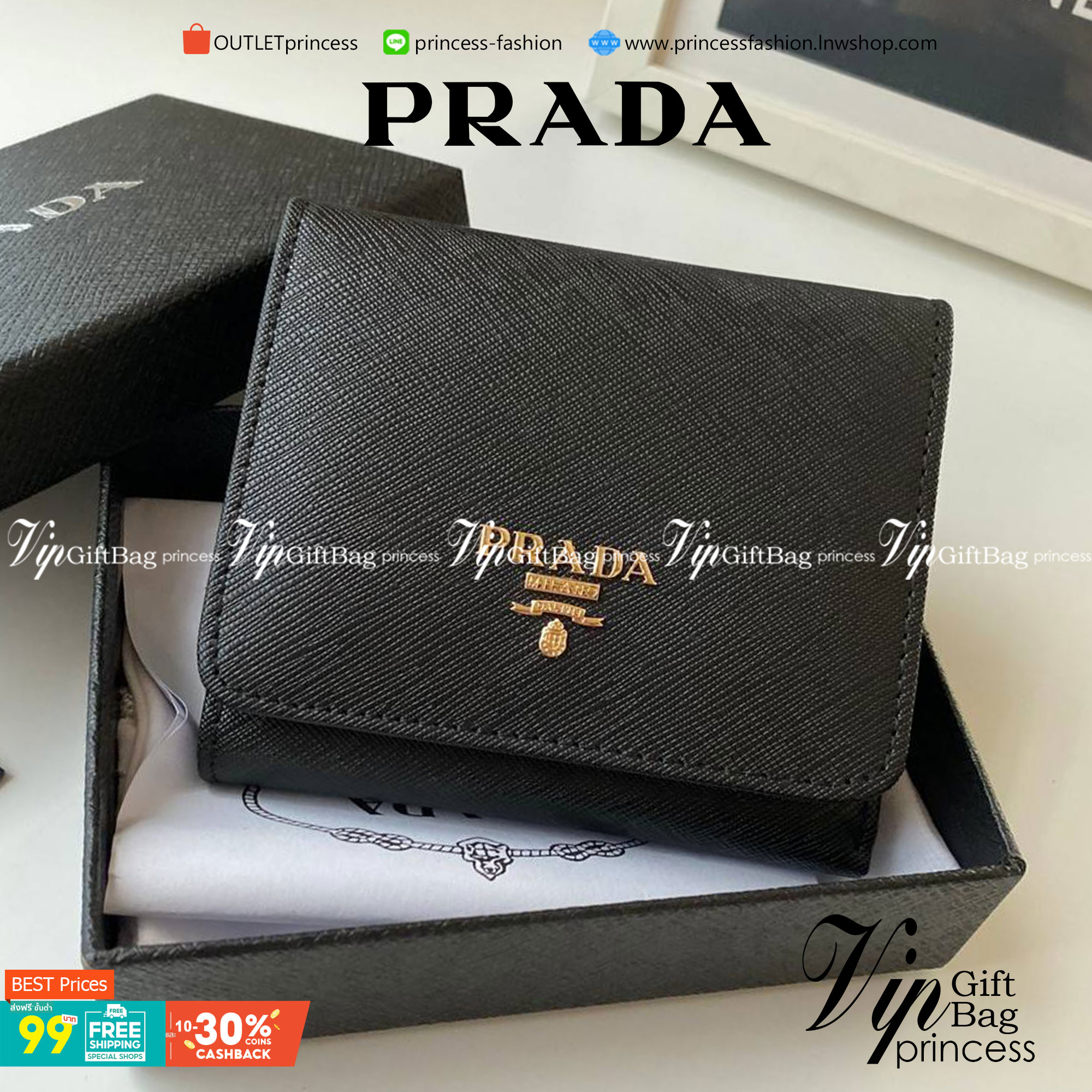 VIP หนังแท้ 】3พับ PRADA Saffiano Metal Tri-Fold Wallet Orchidea