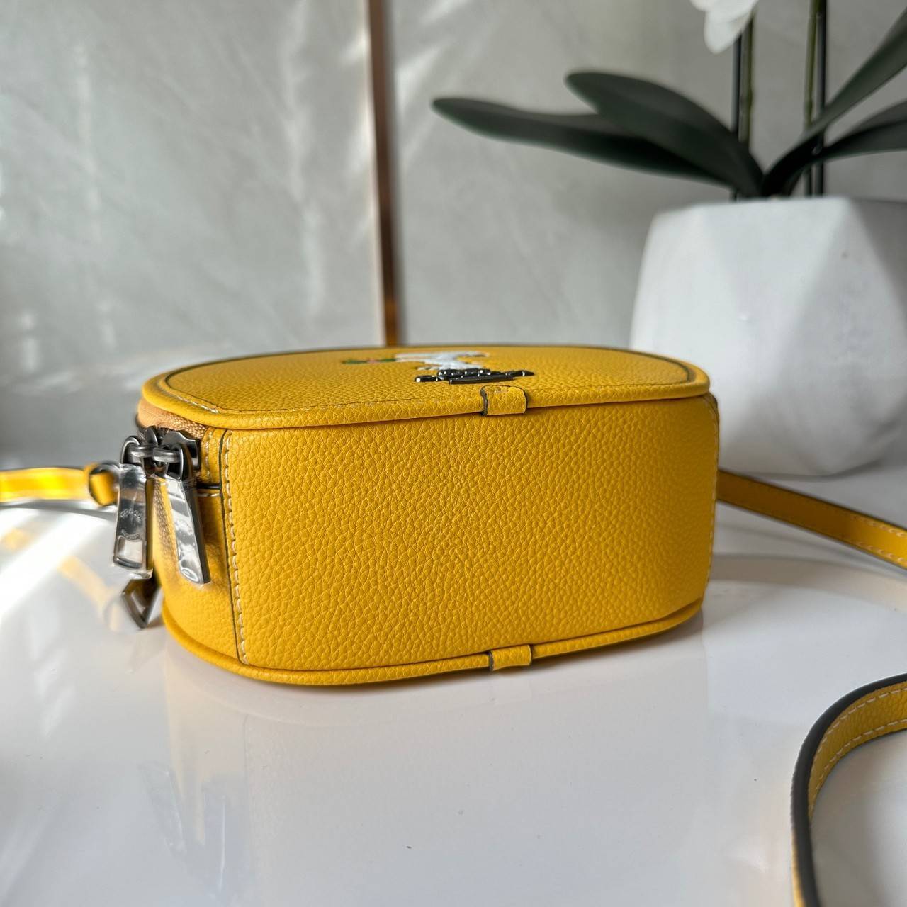 COACH X PEANUTS CANTEEN CROSSBODY WITH SNOOPY PRESENT MOTIF (CE845,CF290) กระเป๋าสะพายข้างทรงกลมไซส์มินิ มีหูจับ วัสหนังแท้ ด้านหน้าโดดเด่นด้วยรูปการ์ตูนSnoopy