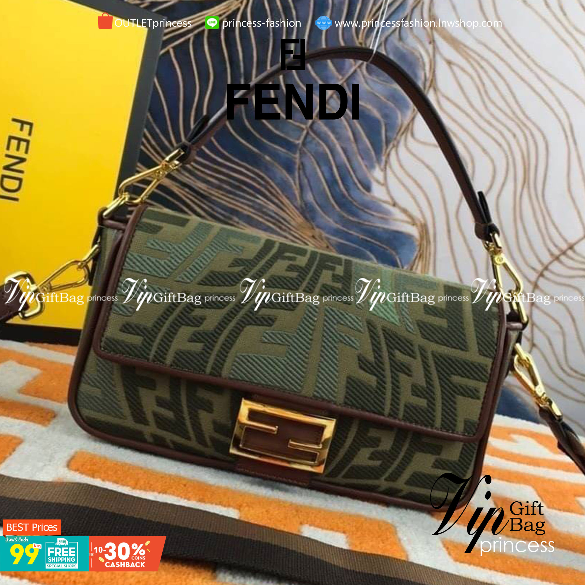 VIP GIFT 】FENDI BAGUETTE SUMMER 2021 CANVAS SHOULDER BAG กระเป๋าสะพายพรีเมี่ยมกิ๊ฟ หายาก สีคัลเลอร์ฟูลสุดใส โดดเด่น ดีไซน์ปั๊มโลโก้รอบใบ วัสดุผ้าแคนวาส ทนทาน มาพร้อมสาย 2 แบบ สำหรับคล้องแขน และสายครอสบอดี้สีทูโทน เปิด-ปิดด้วยกระดุมแม่เหล็ก ภายในเป็นช่องโล