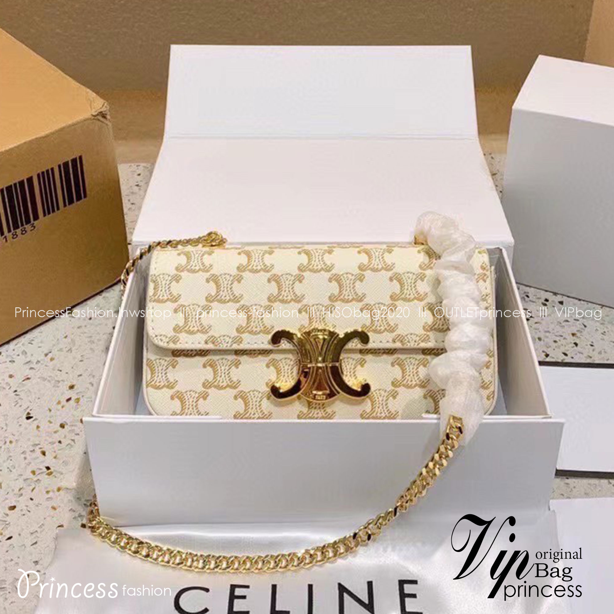 CELINE CHAIN SHOULDER BAG CLAUDE IN SHINY CALFSKIN / CELINE MINI TRIOMPHE BAG กระเป๋าสะพายกึ่งคลัทช์ สายโซ่สีทองสะพายไหล่ พกพาง่าย พร้อมเสิร์ฟครบ box set ในราคาสุดคุ้ม ของมันต้องมีน้า