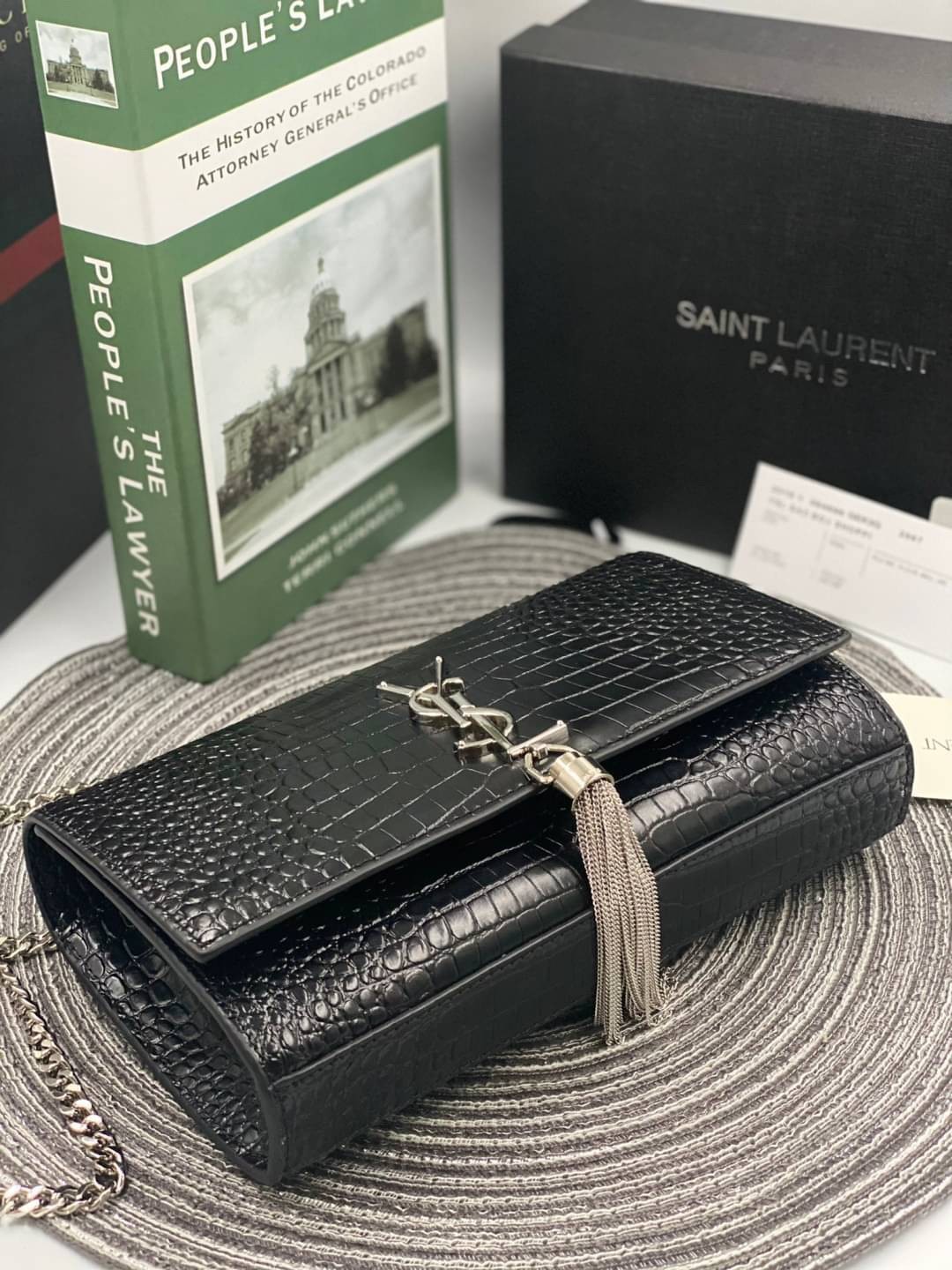VIP 】หนังแท้ YSL Saint Laurent Kate Tassel Bag in Black Crocodile-Embossed Leather with Chain