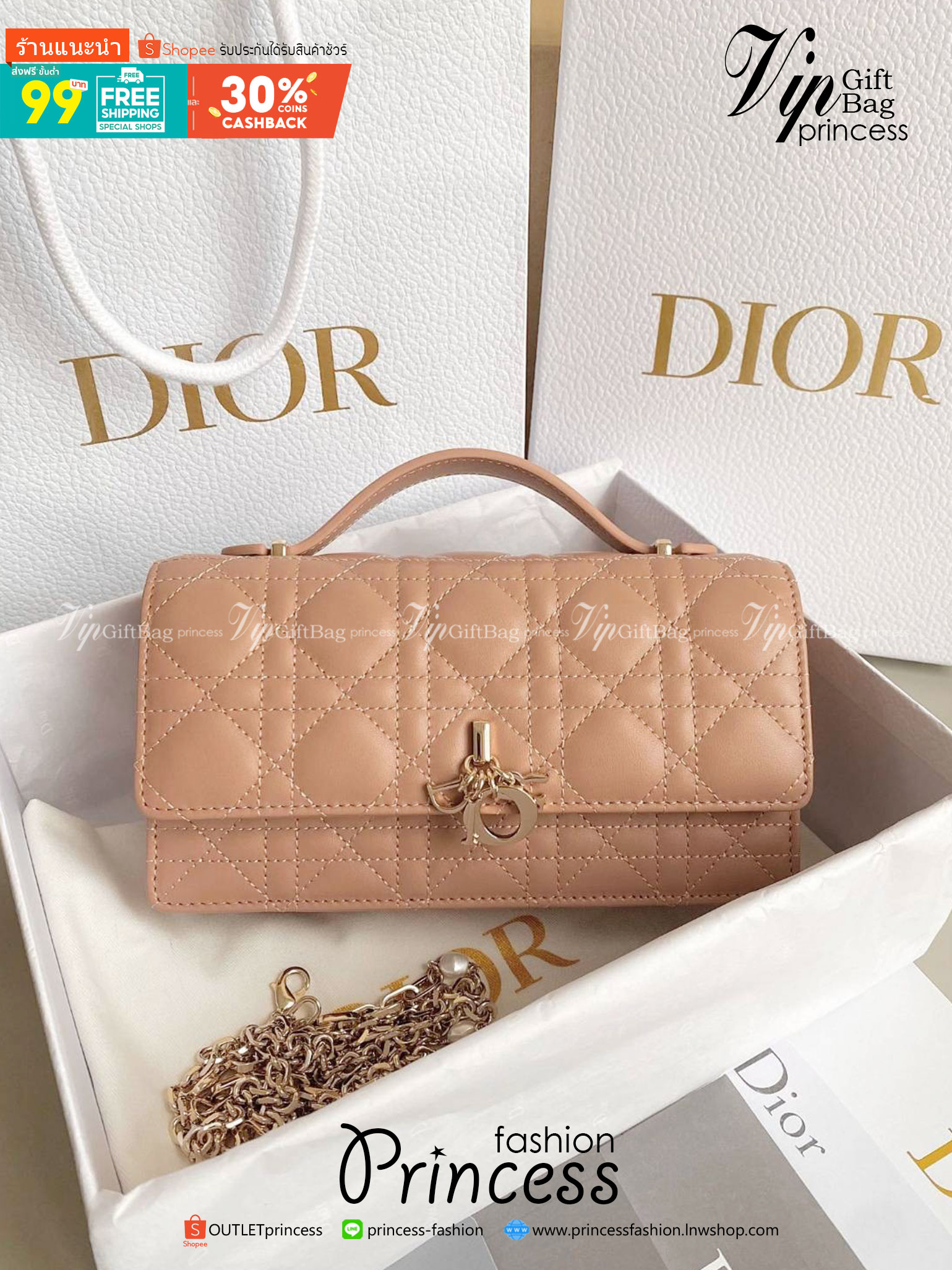 DIOR LADY DIOR TOP HANDLE CLUTCH เกรดเทพออริจินอล Rose Des Vents Cannage Lambskin หนังแท้ งานดีสุด ภาพถ่ายจากงานขายจริง ใช้งานต่างประเทศได้