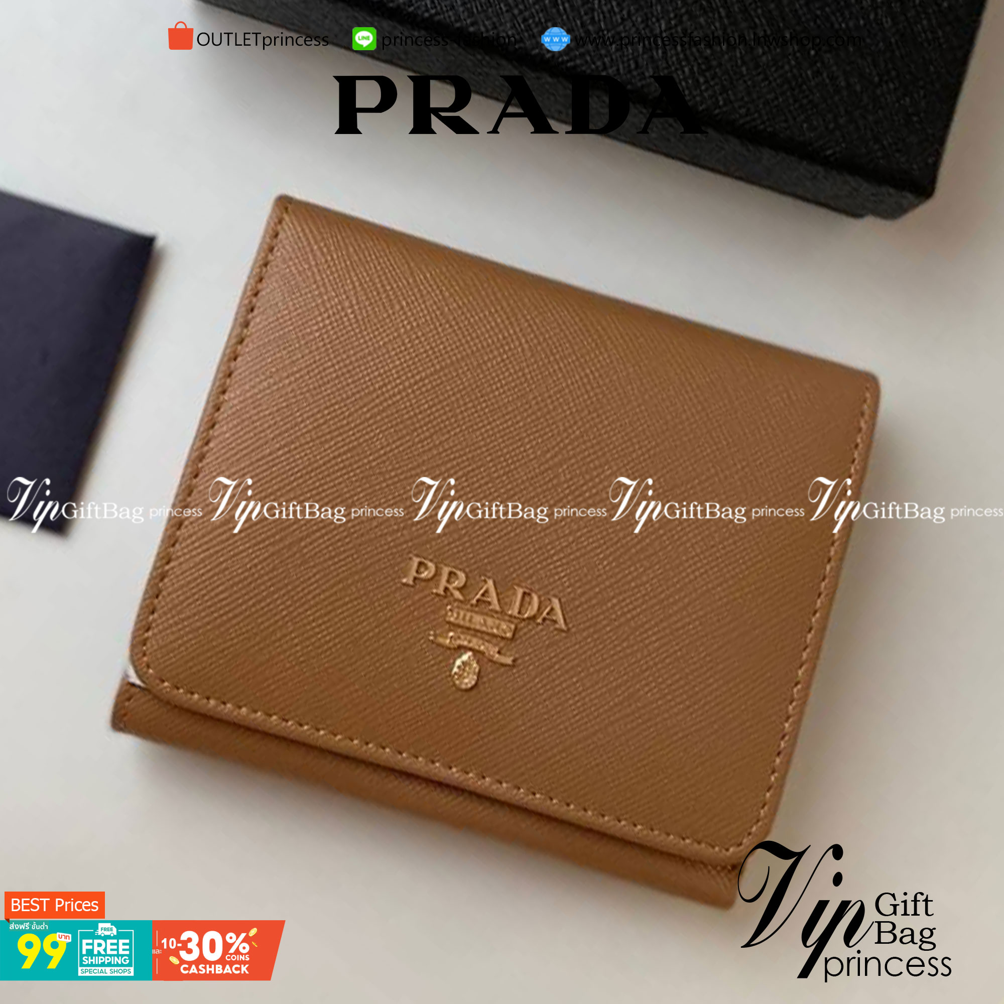 VIP หนังแท้ 】3พับ PRADA Saffiano Metal Tri-Fold Wallet Orchidea