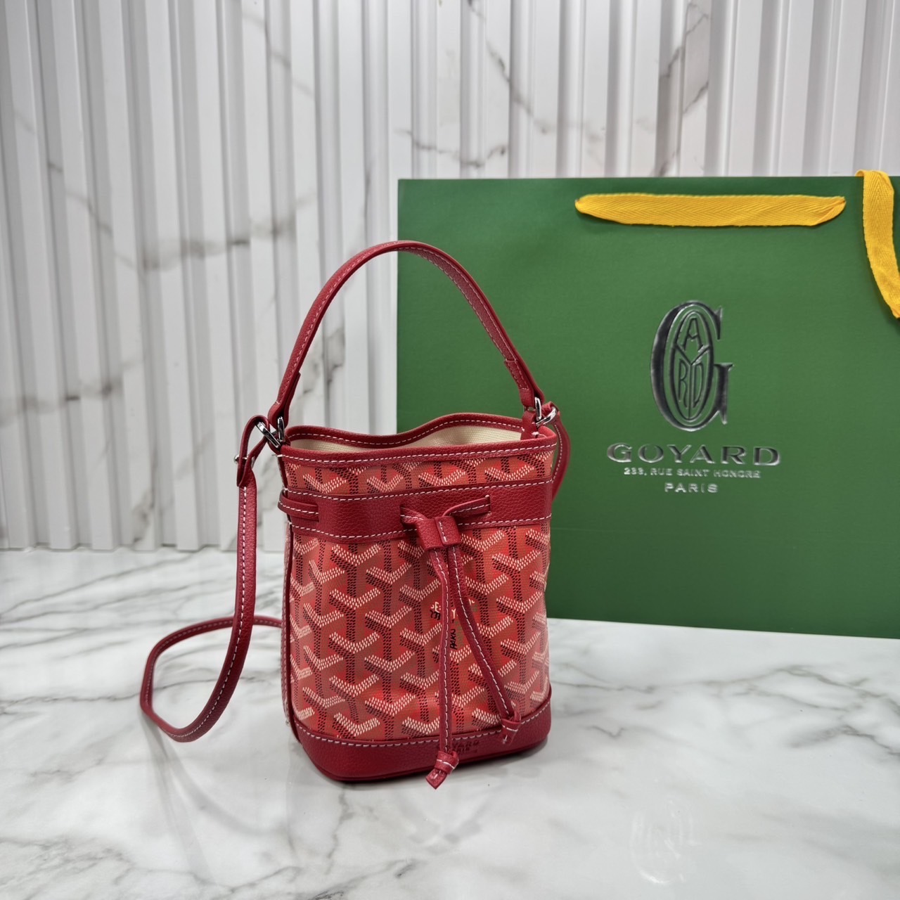 RI หนังแท้ | Goyard Petit Flot Mini bucket bag กระเป๋าสะพายทรงบัคเก็ต ไซส์มินิ ดูผู้ดีในตัว วัสดุหนังแคนวาสพิมพ์ลายสวยคม