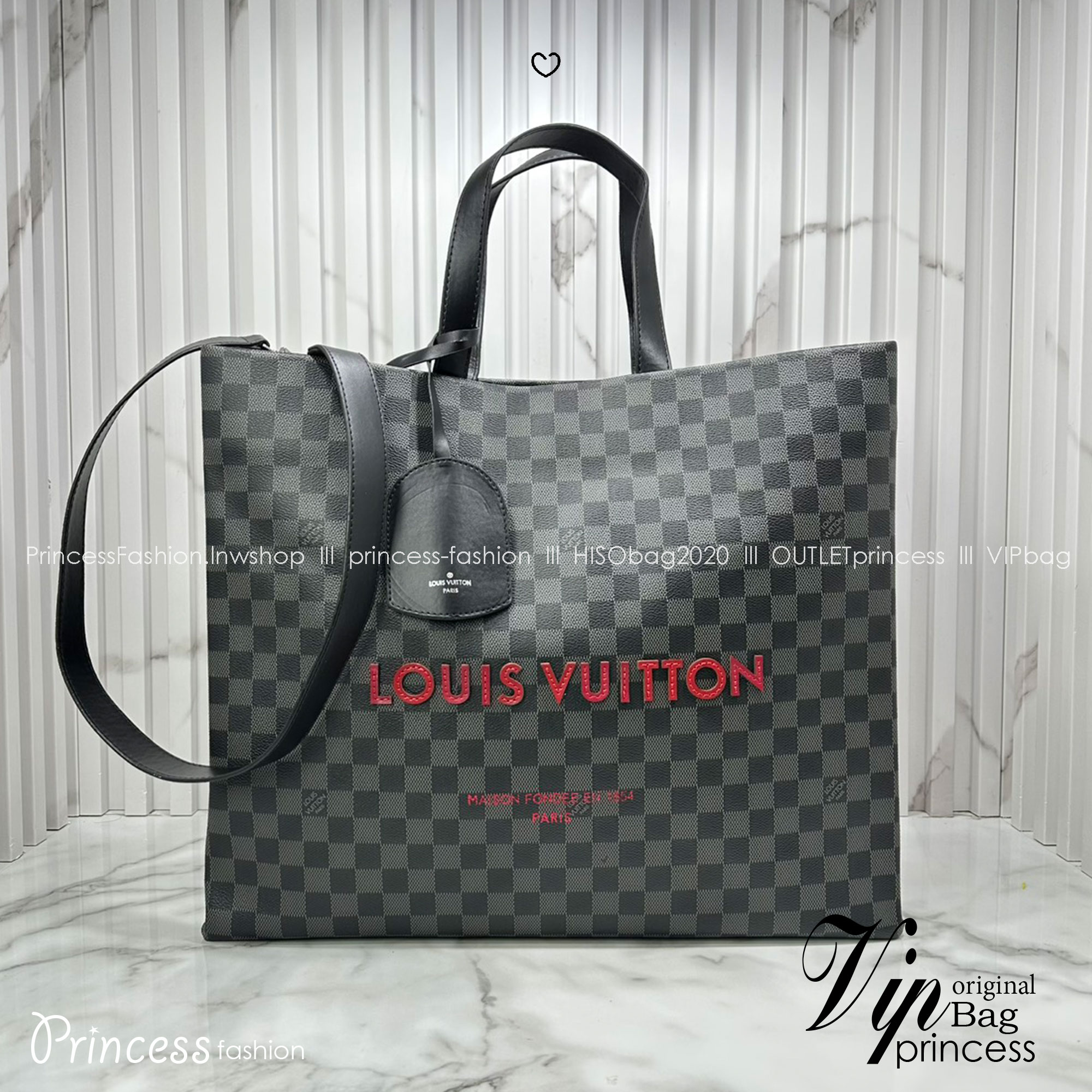 ORI หนังแท้ | LV Shopper Tote MM bag / Damier Black กระเป๋าทรงโท้ทใบใหญ่ แต่งลายตัวอักษรแบบลายมือเต็มใบ