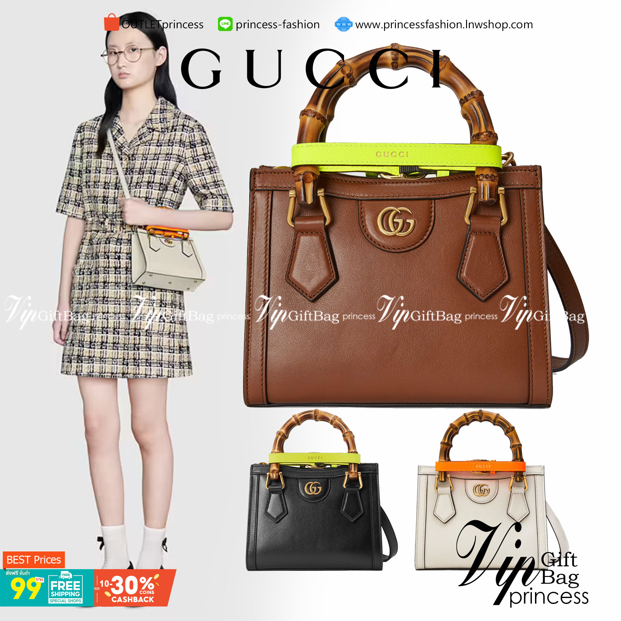 VIP GIFT 】หนังแท้ GUCCI Diana mini tote bag กระเป๋างานหูไม้ไผ่สุดคลาสสิก ดีไซน์มาใหม่พร้อมเข็ดขัดหนังสีสะท้อนแสงประดับตรงหูกระเป๋า ขนาดมินิกำลังน่ารักเลยค่ะ วัสดุหนังแท้ อะไหล่ทอง งานสวยตั้งอยู่ทรง มีสายสะพายยาว 1เส้น สามารถปรับระดับได้-ถอดได้ งานเก๋ไก๋ที