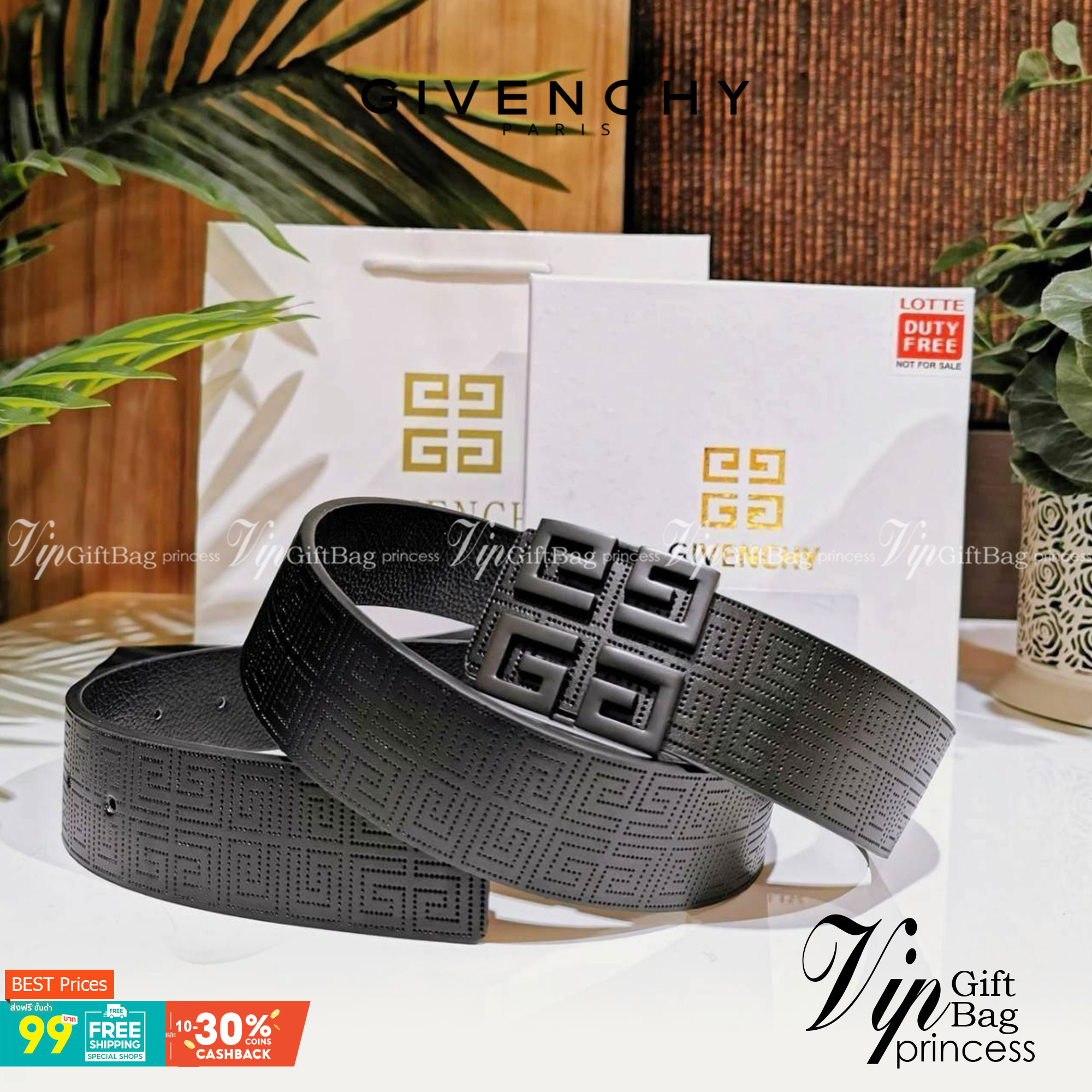 Givenchy Logo Leather Belt VIP Gift With Purchase (GWP) พรีเมี่ยมกิ๊ฟ Limited Edition จาก GIVENCHY PARFUME DUTYFREE วัสดุ Calfskin สีดำปั๊มลายแบรนด์สวยหรูดูดี หัวเข็มขัดโลโก้แบรนด์ 3D สายปรับระดับได้ ดีไซน์คลาสสิคเข้ากับทุกลุ๊คไม่มีเอ้าท์ ใช้ได้ทั้งชายและ