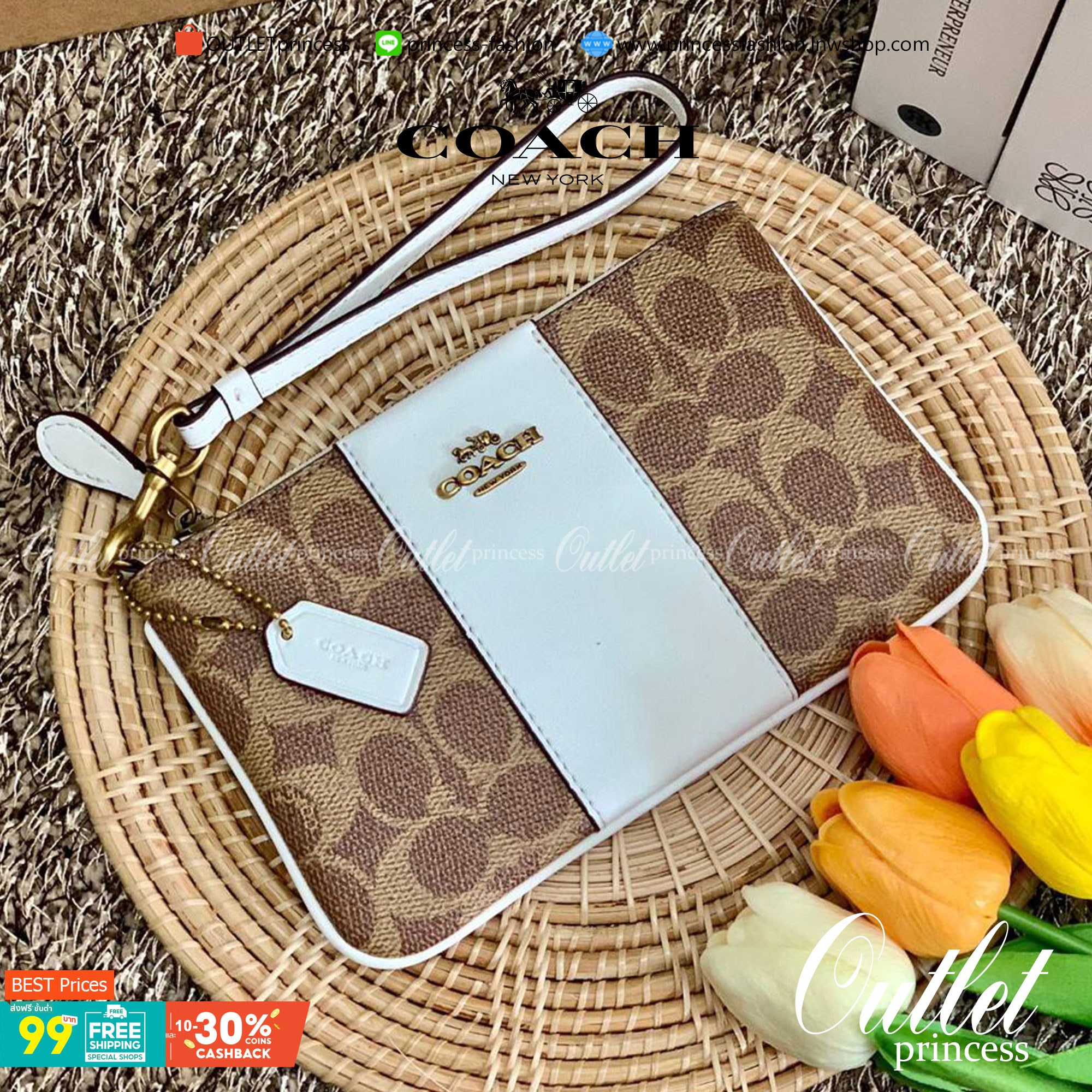 COACH SMALL WRISTLET IN COLORBLOCK SIGNATURE ((32445)) ✔️กระเป๋าคล้องมือ วัสดหนัง pvc อย่างดี ลายซิกเนเจอร์ ตัดขอบสีตรงกลางสวยงามมากๆค่ะ แบบซิปเดียว ((ภายในใส่มือถือได้บางรุ่นค่ะ)) มีช่องเสียบบัตรให้2ช่องด้วยนะคะ