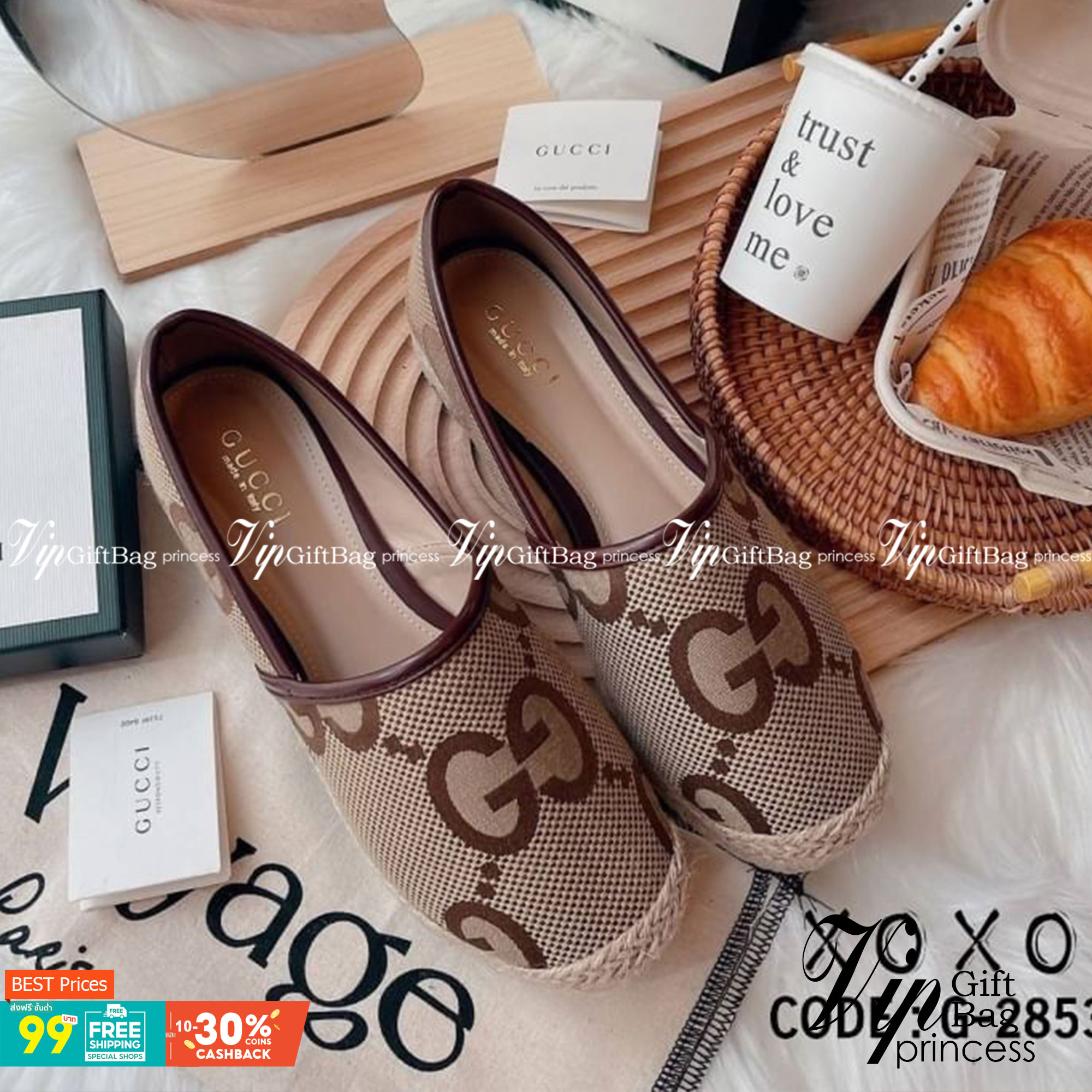 Gucci แบบใหม่ เพิ่งมาค่ะ (ส้นสูง1 นิ้ว) GG jumbo ปอเตัวใหม่ล่าสุดค่ะ ลาย GG ใหญ่ ผ้าทอ เหมือนแท้ ปั้มแบรนด์ หน้ากว้าง ใส่สบาย แมทส์ชุดง่าย น้ำหนักเบา