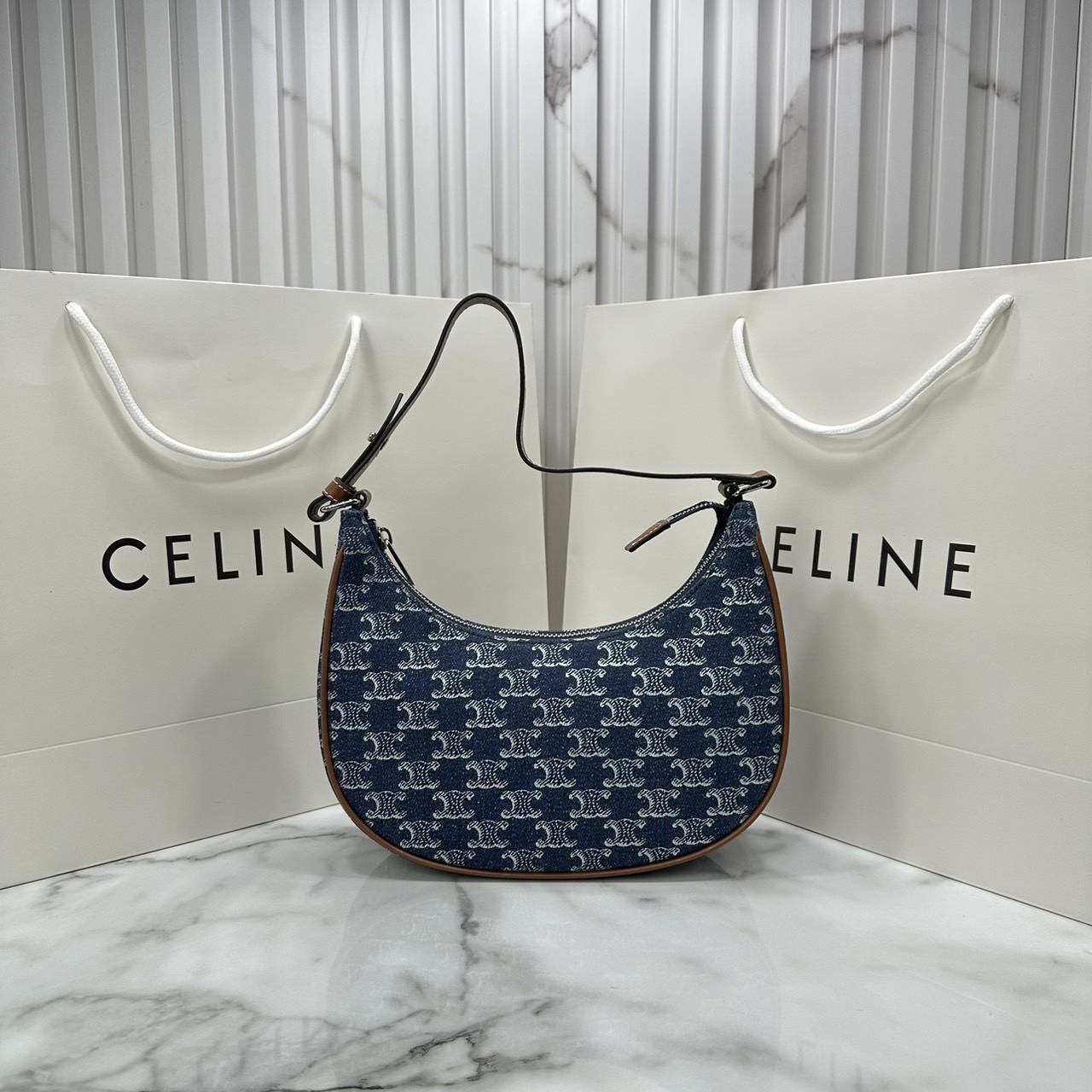 CELINE Ava Bag in DENIM WITH TRIOMPHE ALL-OVER กระเป๋าเอวาสะพายไหล่งานเดนิม เกรดออริ 1:1 ใช้งานต่างประเทศได้