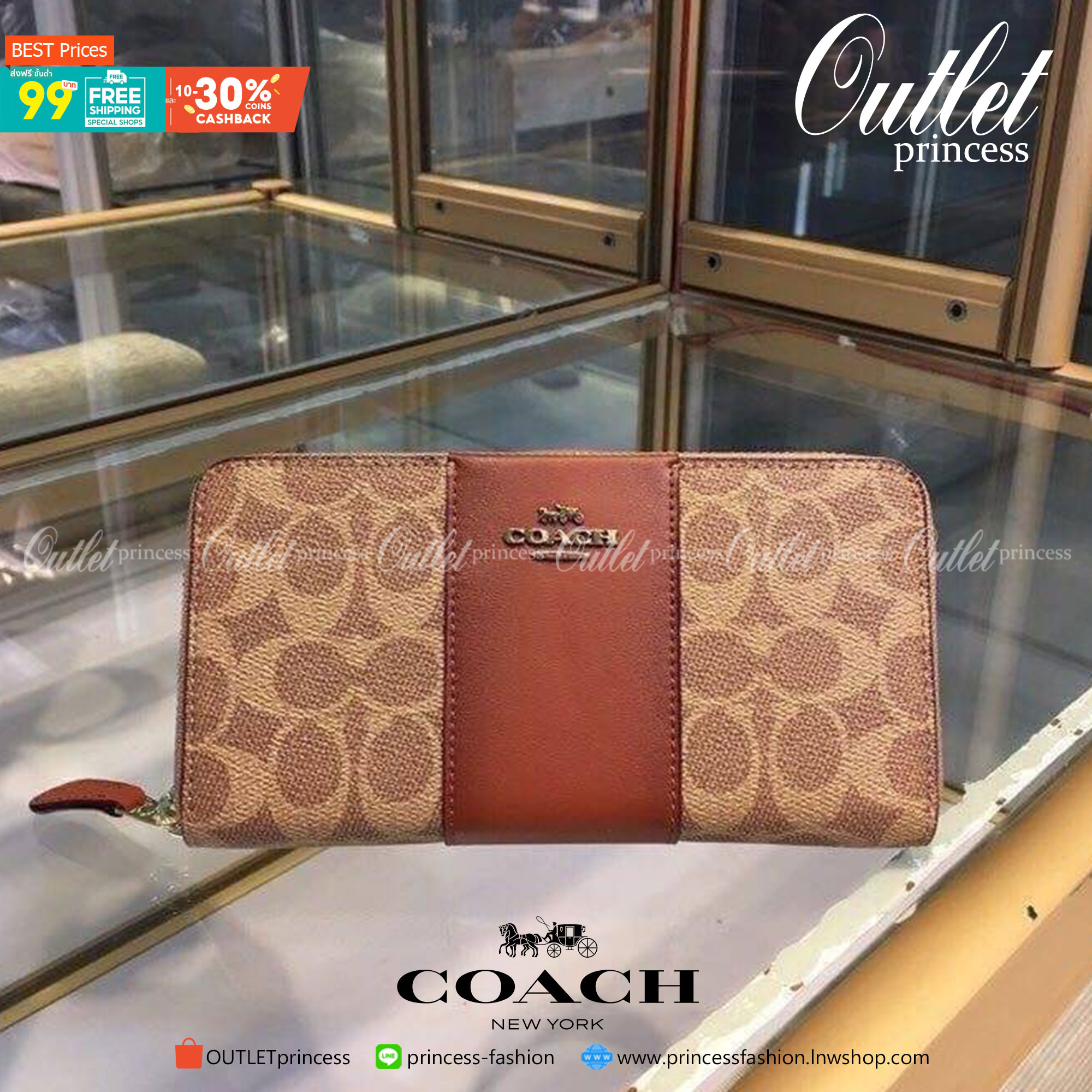 COACH Accordion Zip Wallet in Signature Coated Canvas with Leather กระเป๋าสตางค์ใบยาว เปิด-ปิดกระเป๋าด้วยซิปรอบ ด้านในมีช่องใส่บัตร ช่องใส่ธนบัตร และช่องซิปใส่เหรียญค่ะ