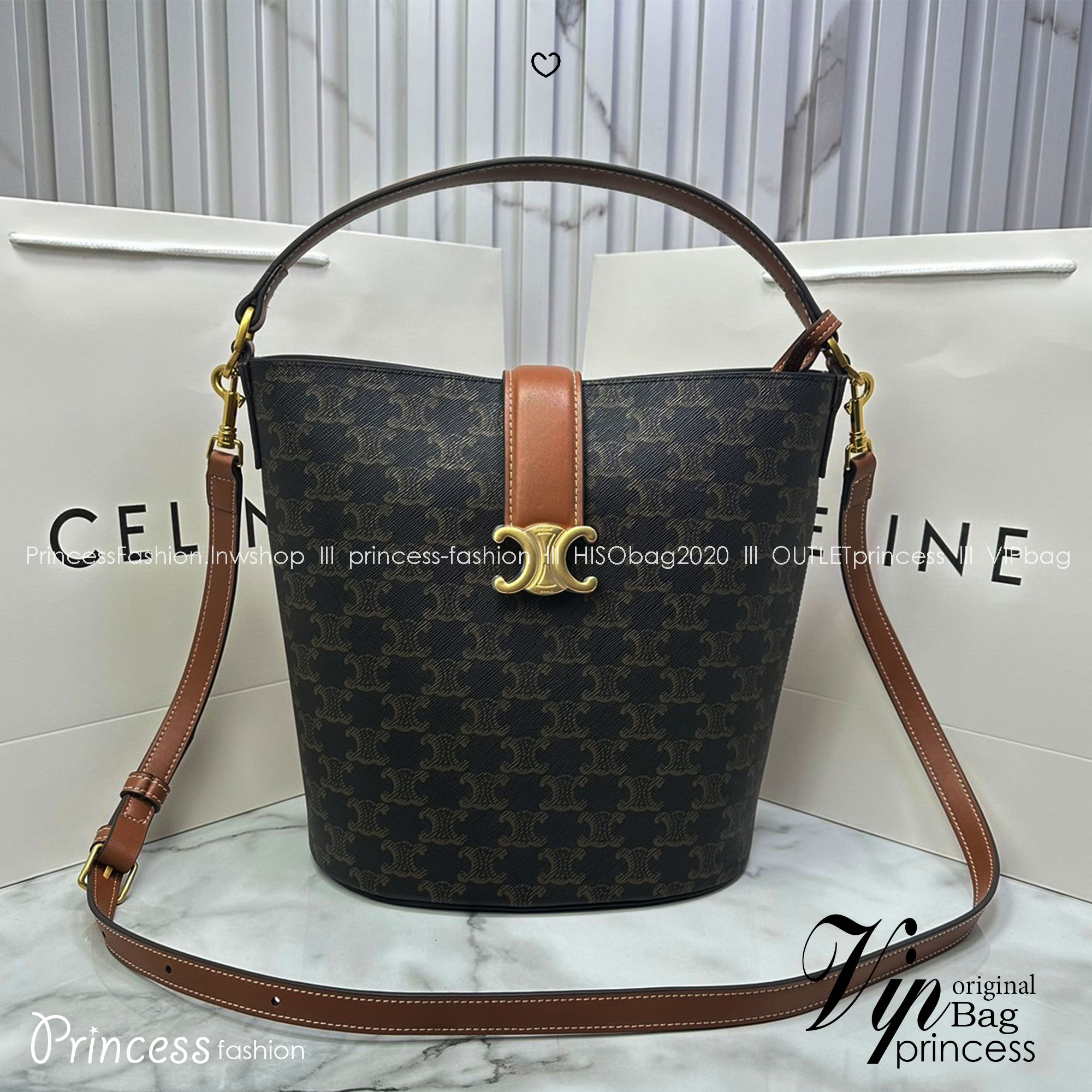 CELINE MEDIUM LOUISE BAG in Triomphe Canvas กระเป๋าสะพายทรงบัคเก็ต กระเป๋าถือพร้อมฆูจับและสายสะพายข้าง งานแคนวาสแท้พิมพ์ลายโลโก้สวยคมชัด เรียบหรู