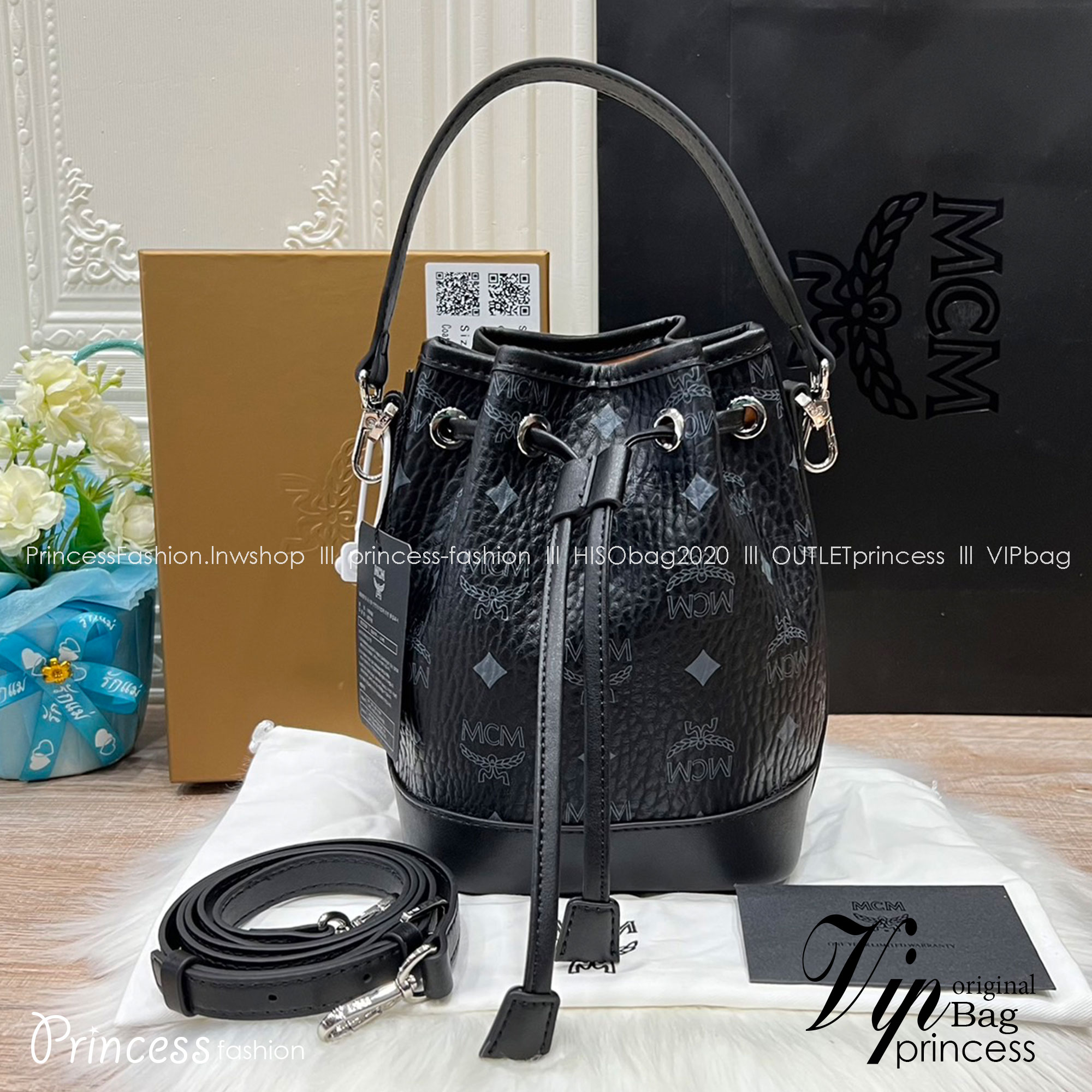 M.C.M MINI DESSAU DRAWSTRING BAG IN VISETOS กระเป๋าสะพายทรง bucket ไซส์ mini เกรดออริ สลับแท้ 1:1 ใช้งานต่างประเทศได้