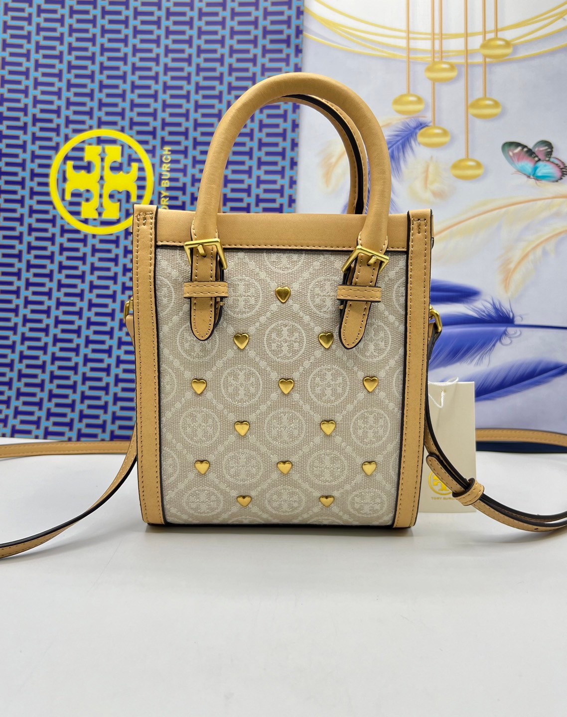 TORY BURCH Mini T Monogram Tote ivory multi heart shape / Tory Mini Tote Bag กระเป๋าทรงโท้ทมินิแต่งหัวใจสีทองสวยหรู น่ารักรุ่นใหม่ล่าสุด เกรดท็อปออริ เทียบแท้ 1:1 เกรดดีสุด ใช้งานต่างประเทศได้