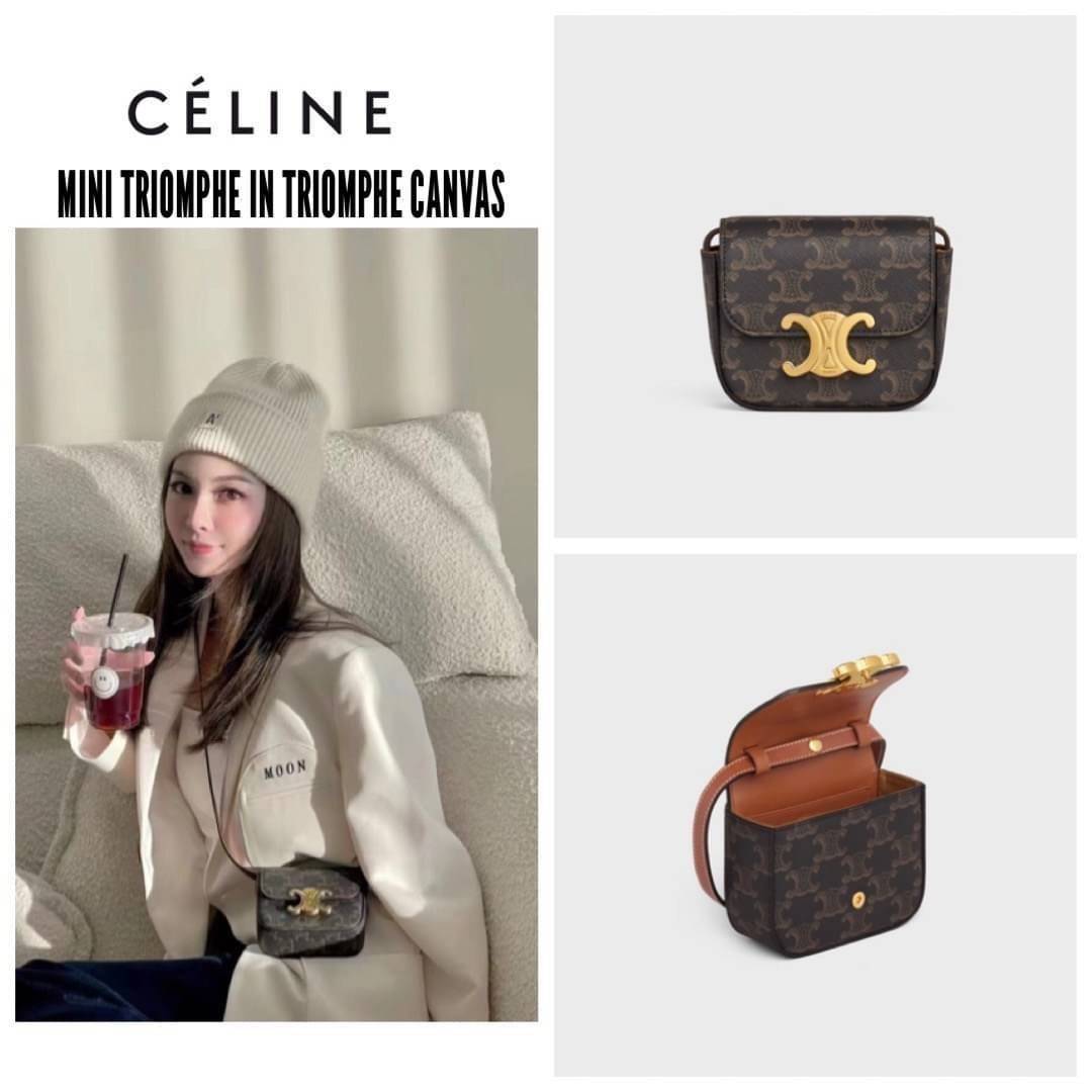 CELINE MINI TRIOMPHE IN TRIOMPHE CANVAS กระเป๋ามินิทรงชิค ดีไซน์รูปกล่องสุดแสนมินิมอล สามารถสะพายแบบ Crossbody และยังเป็น Belt Bagได้อีกด้วย วัสดุแคนวาสลาย Triomphe แบบไม่มีตกยุค ด้านหน้าโดดเด่นด้วยโลโก้สีทอง เป็นอีกหนึ่งตัวเลือกให้คุณเลือกสะพายในชีวิตประ