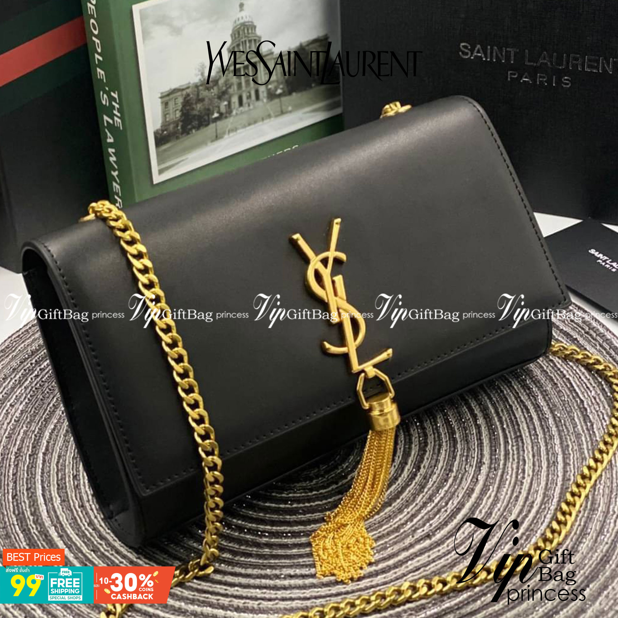 VIP 】หนังแท้ YSL Saint Laurent Monogram Kate Leather Shoulder Bag พร้อมส่งที่ไทย!! รุ่นหนังเรียบ อะไหล่ทอง