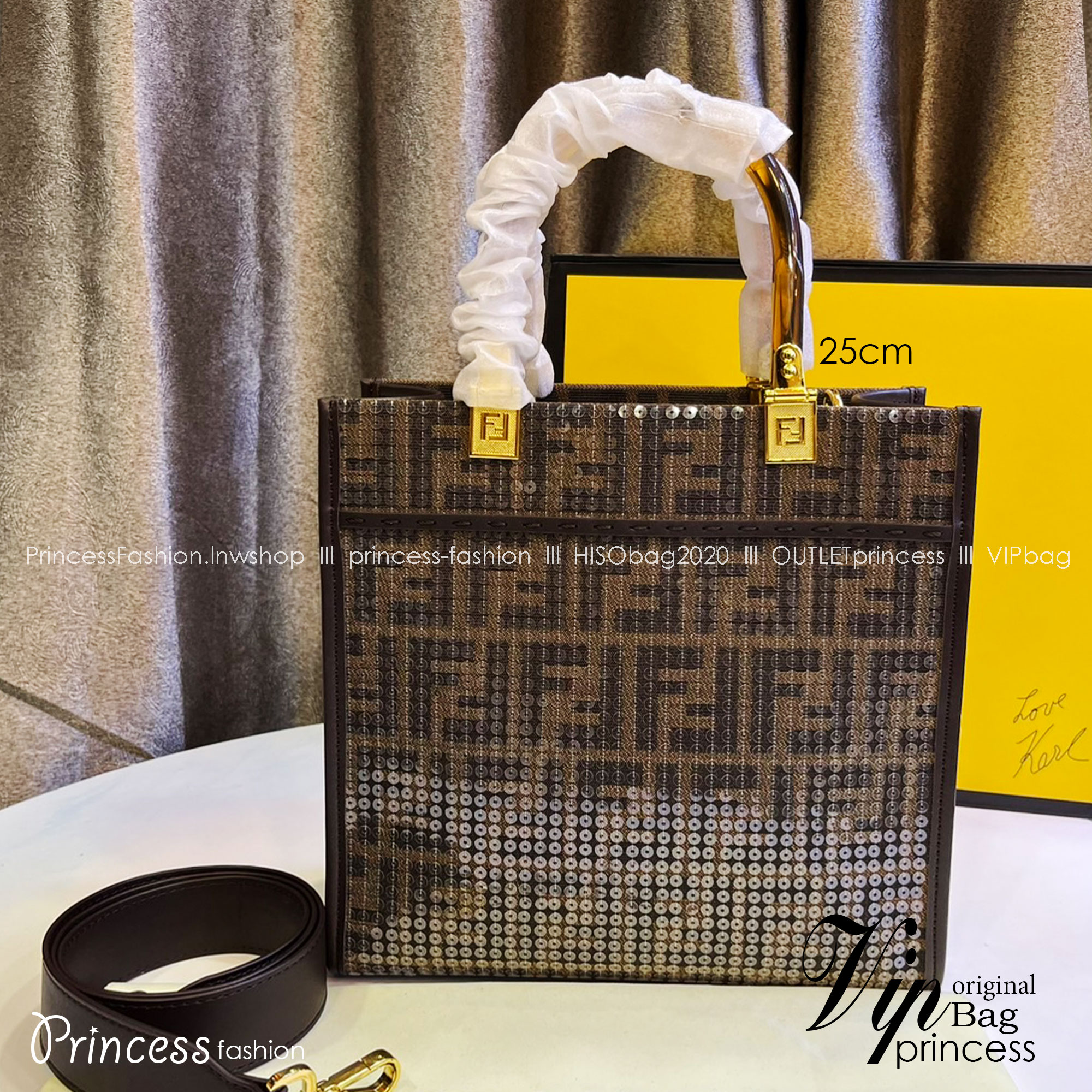 FENDI Sunshine jacquard FF sequins shopper / Fendi Tote bag 25cm พร้อมส่ง กระเป๋าสะพายทรงโท้ท ปักเลื่อมแวววาว รุ่นใหม่ สวยหรู **สินค้าเกรดออริจินอล 1:1 สลับแท้