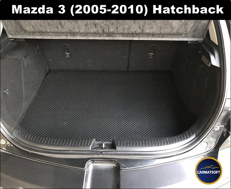 แผ่นปูท้ายรถ Mazda 3 (2005-2010) Hatchback ลายกระดุมPVC สีดำ