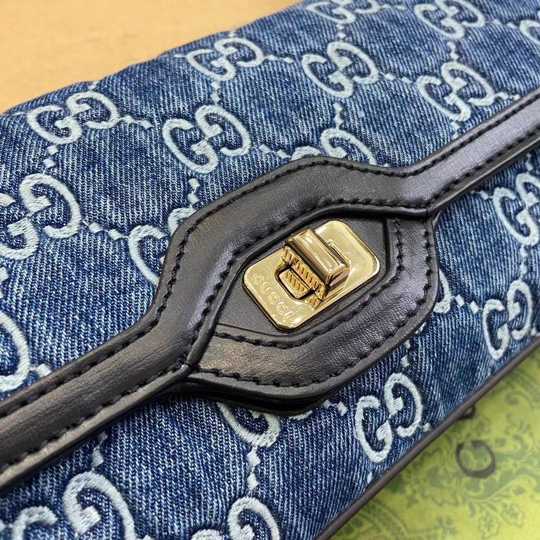 GUCCI LUCE SMALL SHOULDER BAG Blue GG denim leather trim กระเป๋าสะพายไหล่เดนิม เกรดออริ ท็อป สลับแท้ 1:1 เกรดดีสุด ใช้งานต่างประเทศได้