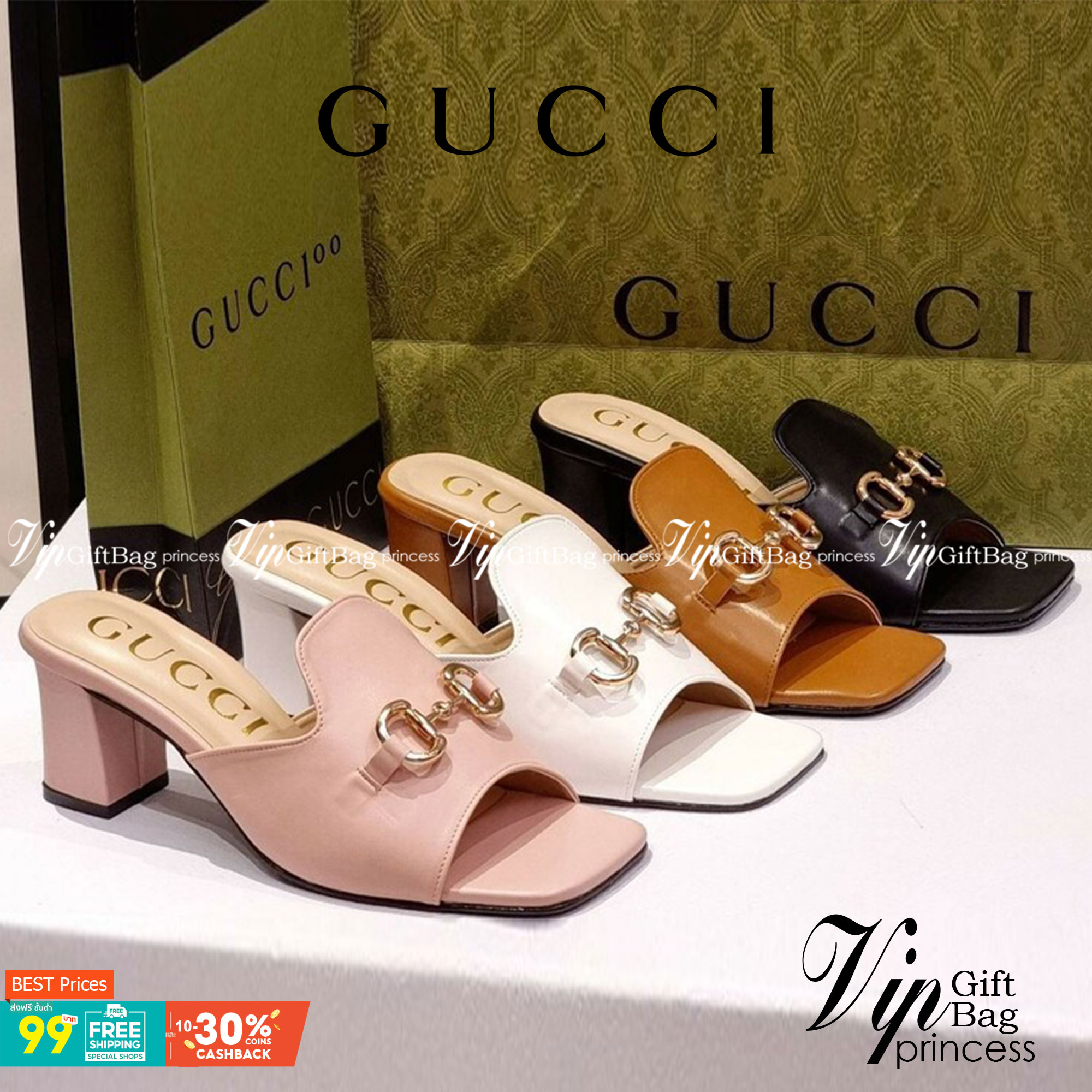 Gucci Mid Heel รองเท้าส้นกลาง 3 นิ้ว งานสวม สวย เก๋ วัสดุหนัง PU ทรงเปิด ด้านบนติดอะไหล่สีทอง ส้นแท่ง ยื่น เดิน ใช้งานง่าย น้ำหนักเบา แมทส์ชุดง่าย