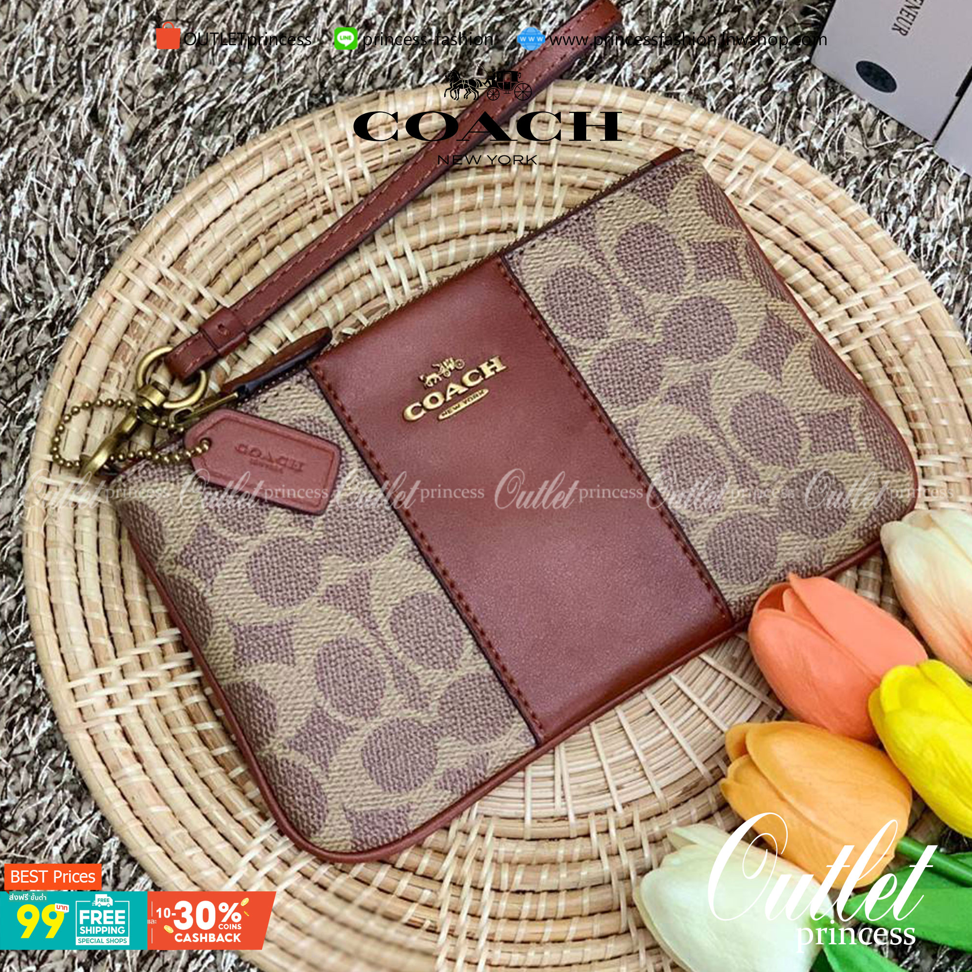 COACH SMALL WRISTLET IN COLORBLOCK SIGNATURE ((32445)) ✔️กระเป๋าคล้องมือ วัสดหนัง pvc อย่างดี ลายซิกเนเจอร์ ตัดขอบสีตรงกลางสวยงามมากๆค่ะ แบบซิปเดียว ((ภายในใส่มือถือได้บางรุ่นค่ะ)) มีช่องเสียบบัตรให้2ช่องด้วยนะคะ