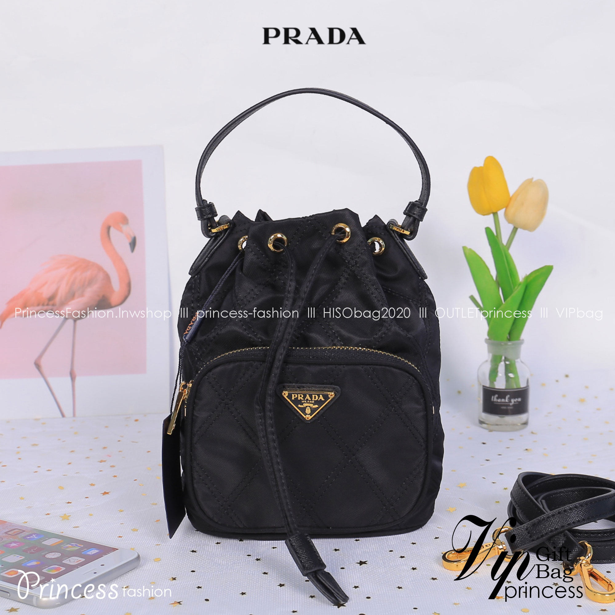 PRADA DRAWSTRING BAG WITH STRAP / PRADA BUCKET BAG / Prada Nylon Handbag and Crossbody bag กระเป๋าสะพายทรงจีบ วัสดุ Nylon ลายตาราง คุณภาพดี ขนาดกำลังดี