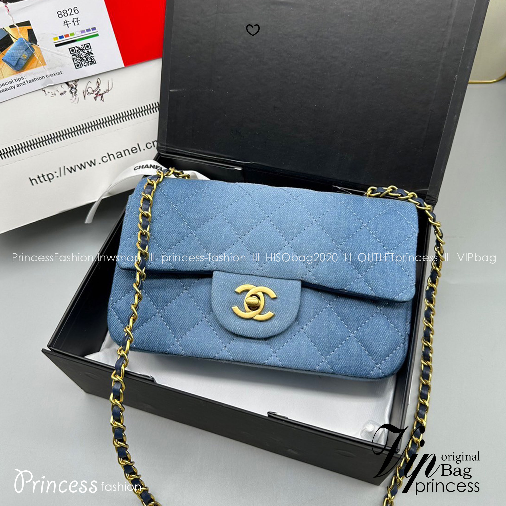 8" CHANEL Flap Bag Denim / Chanel Classic Handbag Blue Washed Denim & Gold-Tone Metal กระเป๋าทรงคลาสสิคเดนิม