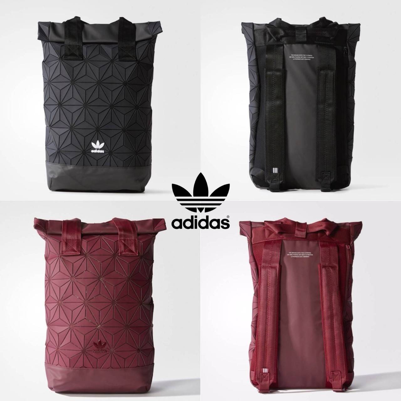 Adidas Originals BP Roll Top 3D Mesh 2017 Backpack Bag DH0100 กระเป๋าเป้สะพายหลัง ดีไซน์แบบ 3 มิติ วัสดุ polyurethane สีดำด้าน โดยใช้ลูกเล่น ของเหลี่ยมและมุมเชื่อมเข้าหากัน ออกแบบกระเป๋า เป็นเหมือนถุงทรงสูง ในส่วนปากกระเป๋าเป็นแบบตีนตุ๊กแก ม้วนพับ และติดก