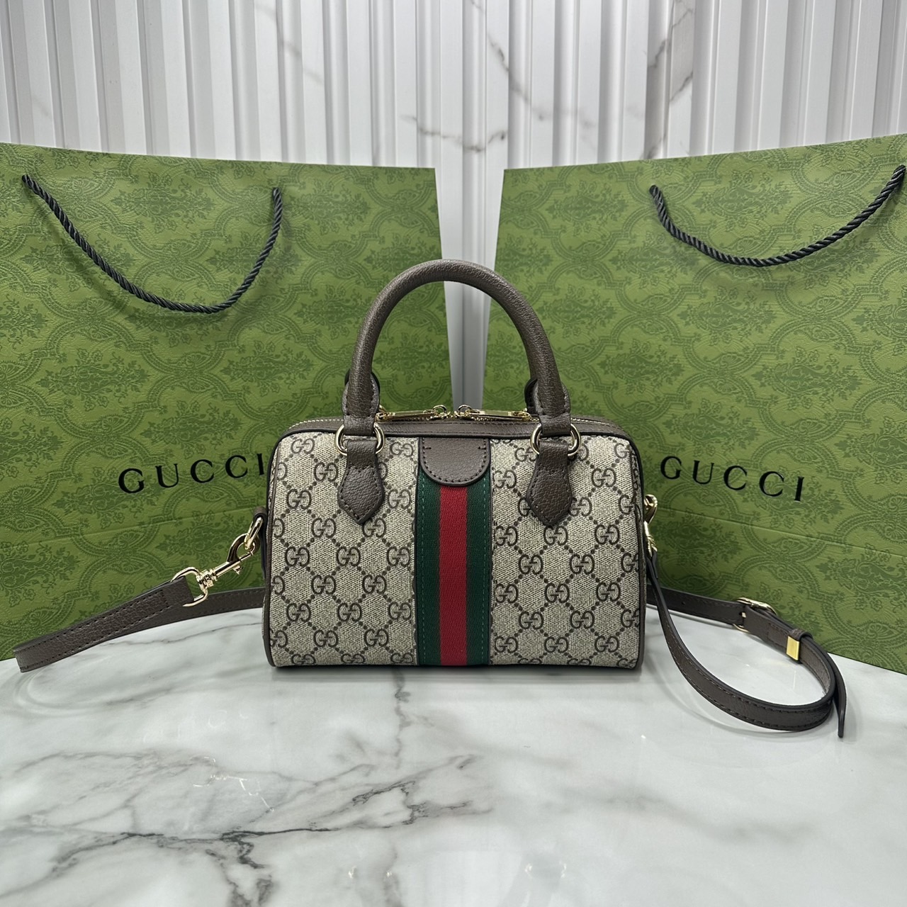 ORI หนังแท้ | Gucci Ophidia boston bag GG Monogram Double G / Gucci Keepall Bag กระเป๋าสะพายทรงหมอนบอสตัน รูปทรงใช้งานง่าย ฟังก์ชั่นการใช้งานที่ได้รับการตีความใหม่