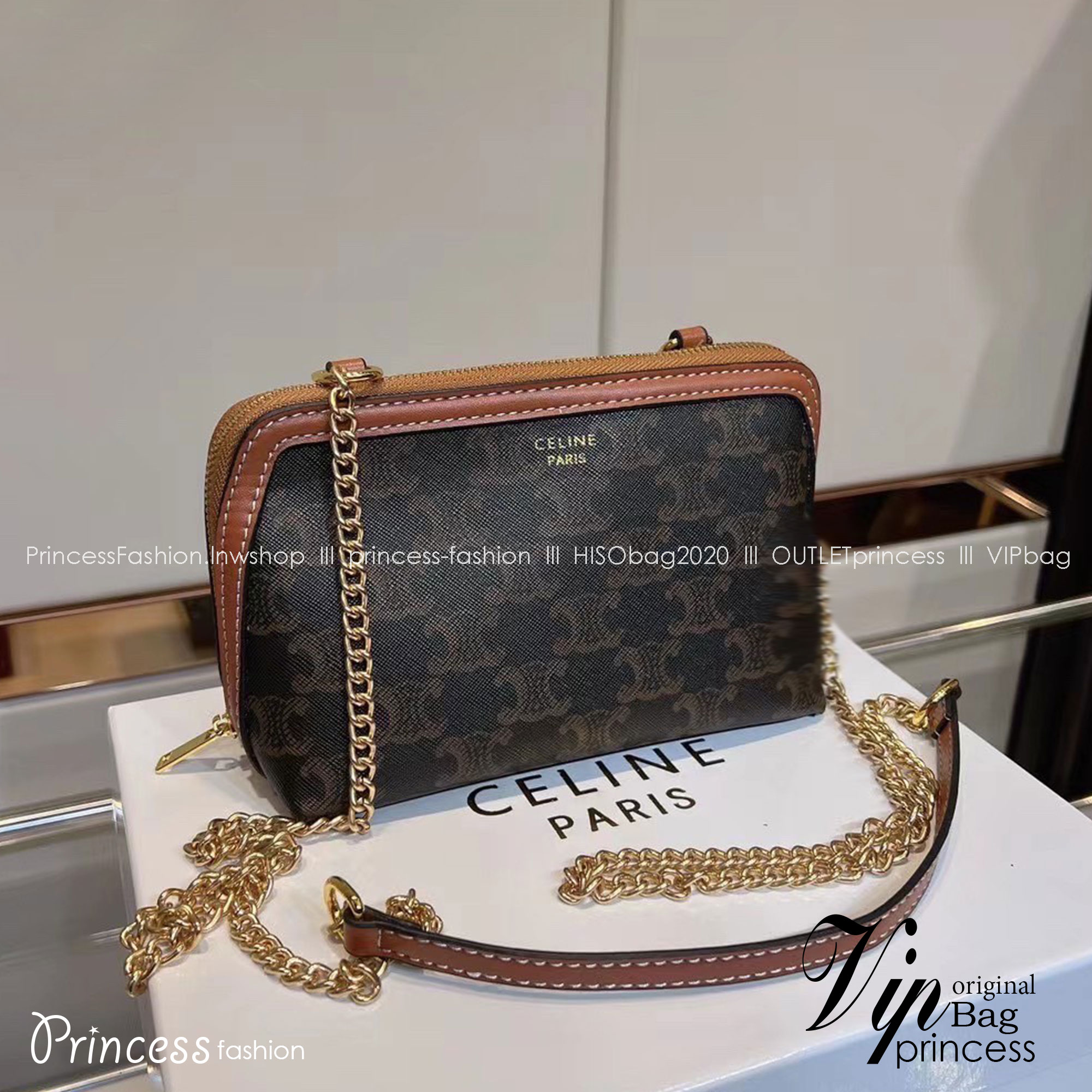 CELINE CLUTCH WITH CHAIN IN TRIOMPHE CANVAS AND LAMBSKIN / CELINE POUCH กระเป๋าสะพายกึ่งคลัทช์ มินิไซส์ เอาใจสาวๆสายสะดวก!! พกพาง่าย สะพายกำลังสวย วัสดุหนังแคนวาส ดีไซน์ใหม่