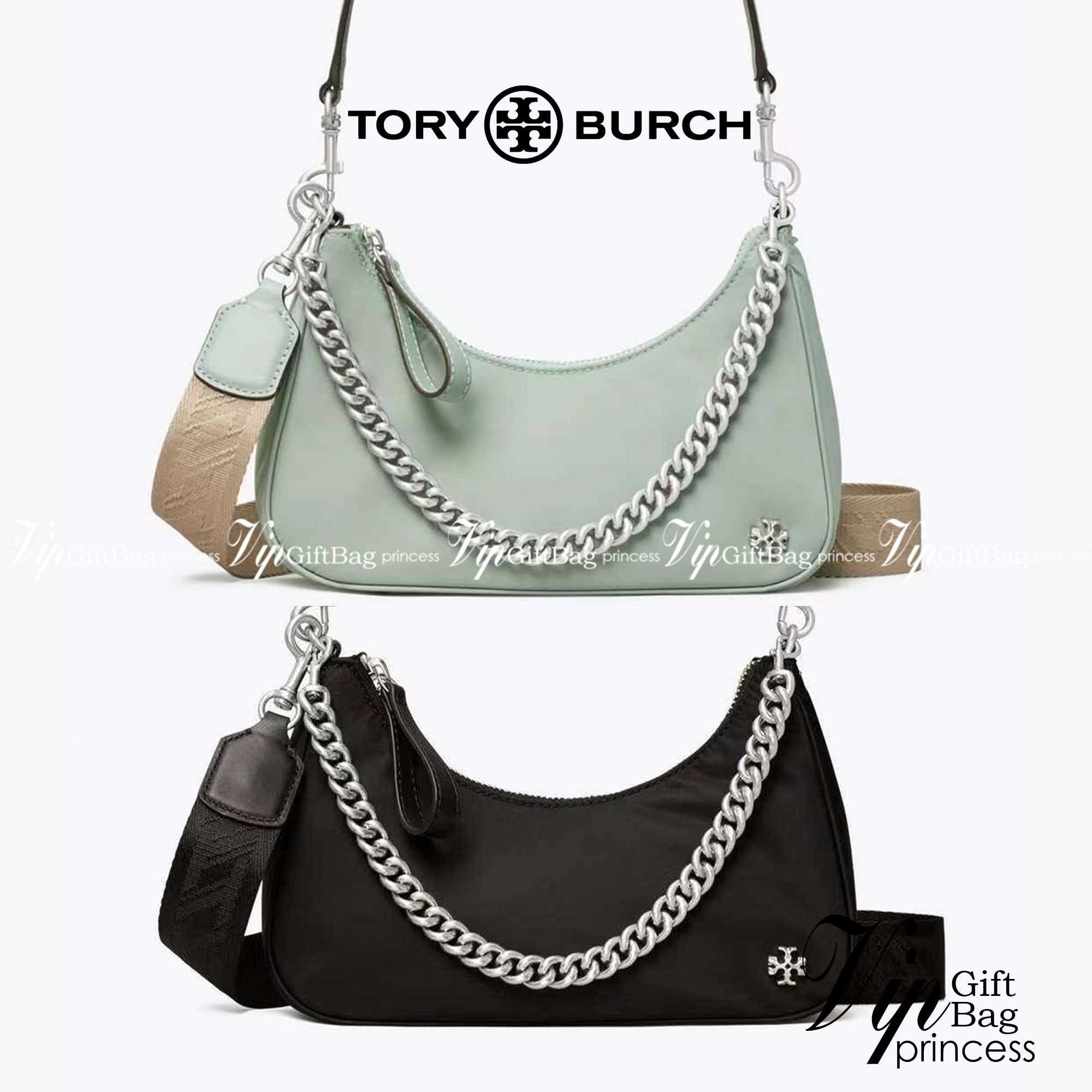 TORY BURCH handbag / TORY BURCH shoulder bag พร้อมส่งที่ไทย Tory Burch 151 Mercer Small Crescent Bag กระเป๋าถือหรือสะพายไหล่ วัสดุNylon อะไหล่เงิน น้ำหนักเบา พกพาสะดวก ใส่โทรศัพท์ iIphone+ ได้ ด้านในโล่งมีช่องเล็กใส่บัตร 2 ช่อง มาพร้อมสายสั้น สายหนัง+สายโ