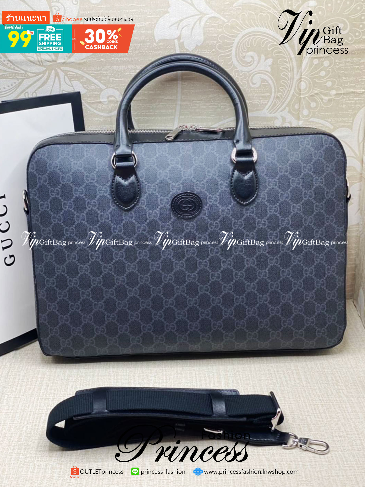 Gucci Supreme Briefcase 40cm GG Supreme work bag / GG laptop bag กระเป๋าสะพายใบใหญ่ ใส่โน้ตบุค/เอกสารได้ พร้อมส่งที่ไทย ภาพสินค้าถ่ายจากงานจริง GG Supreme work bag with Web shoulder strap