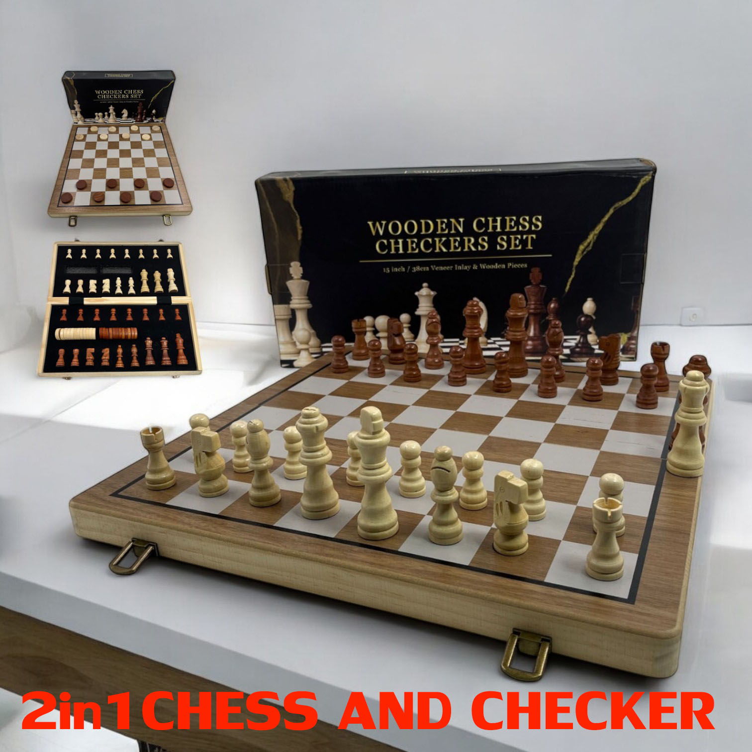 2IN1 หมากรุกสากลไม้ หมากฮอส กระดานแบบไม้พับได้ ขนาด 39x39 cm.มีช่องเก็บ(Chess,Checker)