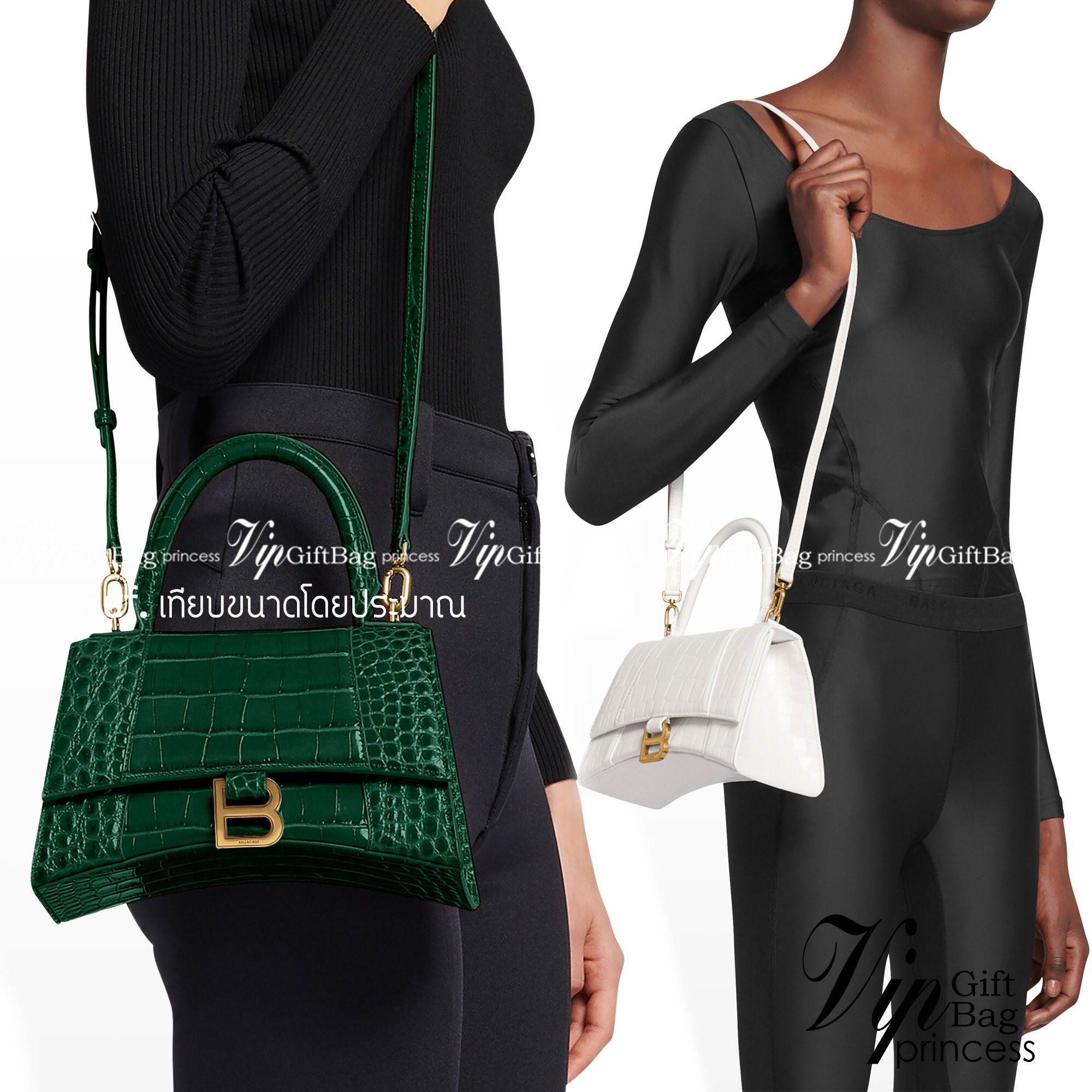 BALENCIAGA Hourglass BAG XS S / BALENCIAGA Hourglass Crocodile embossed calfskin กระเป๋าสะพายแบรนด์หรูซิกเนเจอร์ใบล่าสุด ที่มาพร้อมดีไซน์โดดเด่น มีความโฉบเฉี่ยว โค้งมนเหมือนพระจันทร์เสี้ยว เพิ่มความโดดเด่นสะดุดตาด้วยการตกแต่งอักษร B เมทัลลิก ที่เป็นเอกลัก