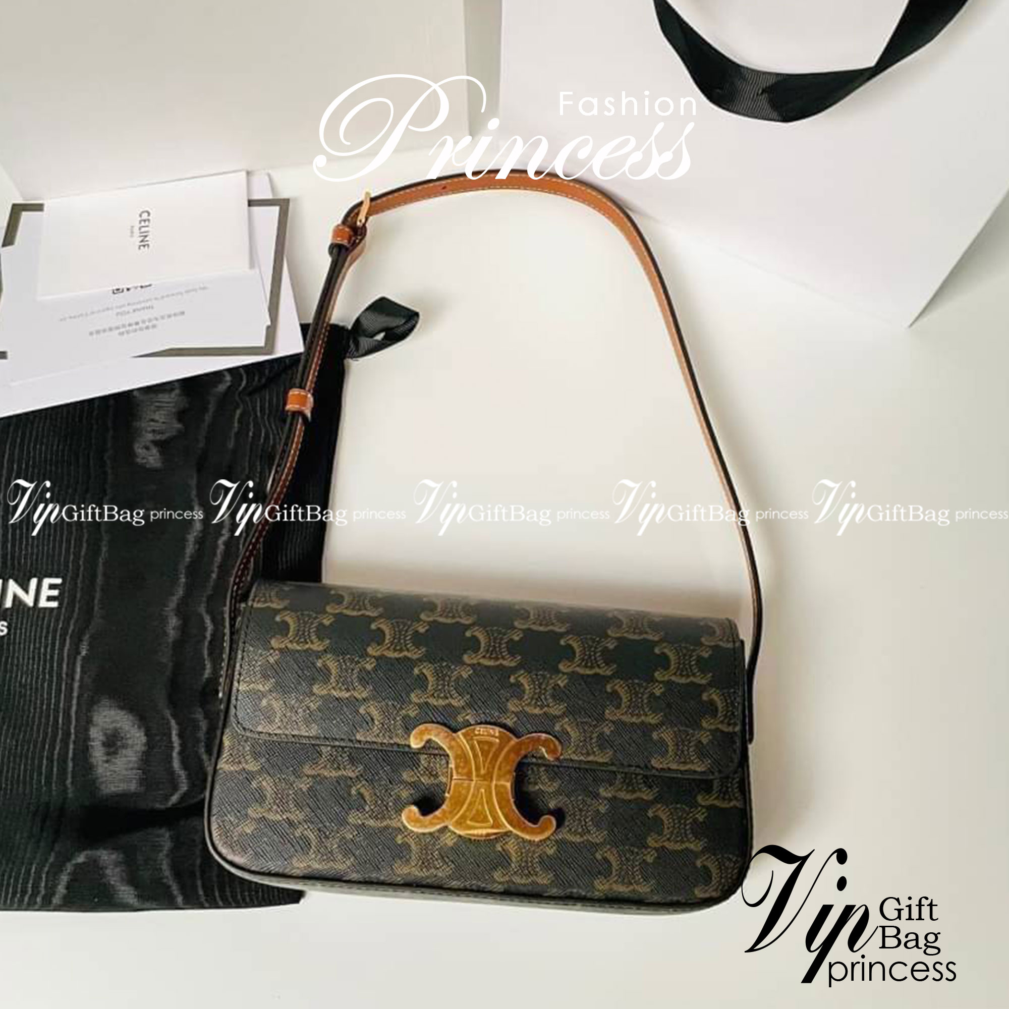 ORI CELINE Triomphe Shoulder Bag in Triomphe canvas and calfskin Tan เกรดออริจินอล หนังแท้ พร้อมส่งที่ไทย ภาพถ่ายจากงานขายจริง ใช้งานต่างประเทศได้
