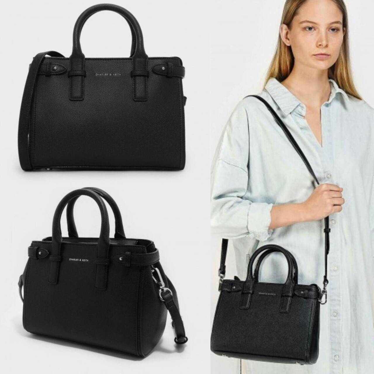 CHARLES & KEITH BASIC TOP HANDLE BAG กระเป๋าถือหรือสะพายรุ่นใหม่ชน shop ดีไซน์สวย อยู่ทรง ขนาดกำลังดี น้ำหนักเบา ด้านหน้าประดับโลโก้แบรนด์ เปิดปิดด้วยซิปสะดวกใช้ ด้านข้างมีสายรัดปรับทรงกระเป๋าค่ะ ภายในมีช่องซิป ใส่กระป๋าสตางค์ใบยาว mini iPad ได้ค่ะ มีหมุด