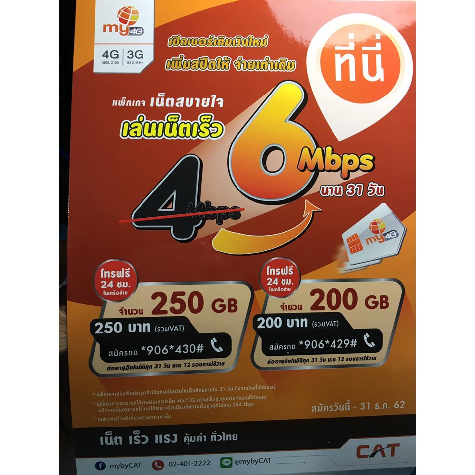 ซิม My by CAT (3G/4G) ระบบเติมเงิน ฟรีโบนัส 30บาท (มีเก็บเงินปลายทาง)