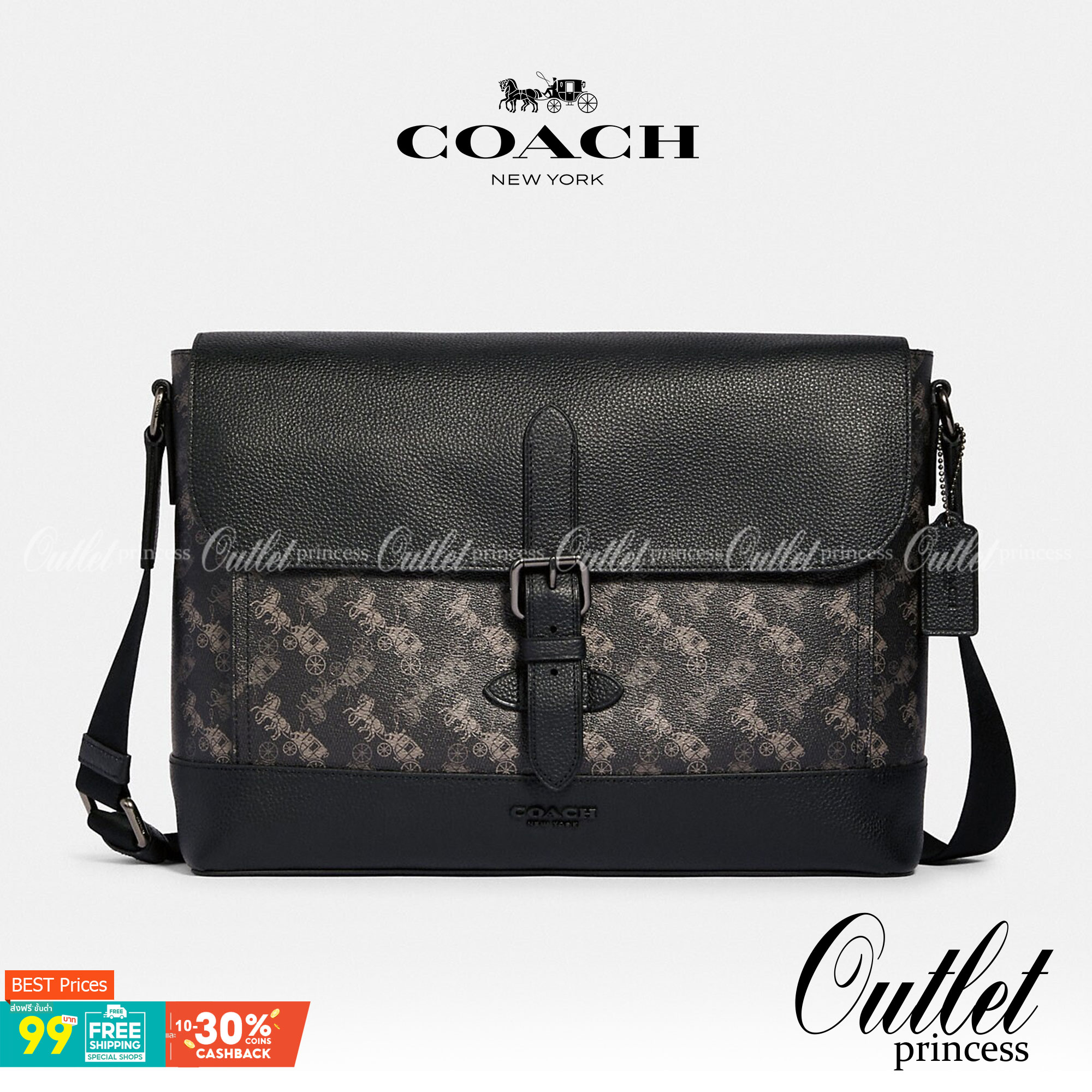 COACH HUDSON MESSENGER WITH HORSE AND CARRIAGE PRINT (COACH 89955) กระเป๋าสะพาย Coach ผู้ชาย ทรงสีเหลี่ยมใส่เอกสาร ใส่ Notebook ใส่Labtop ✅วัสดุแคนวาสลายรถม้า+หนังแท้