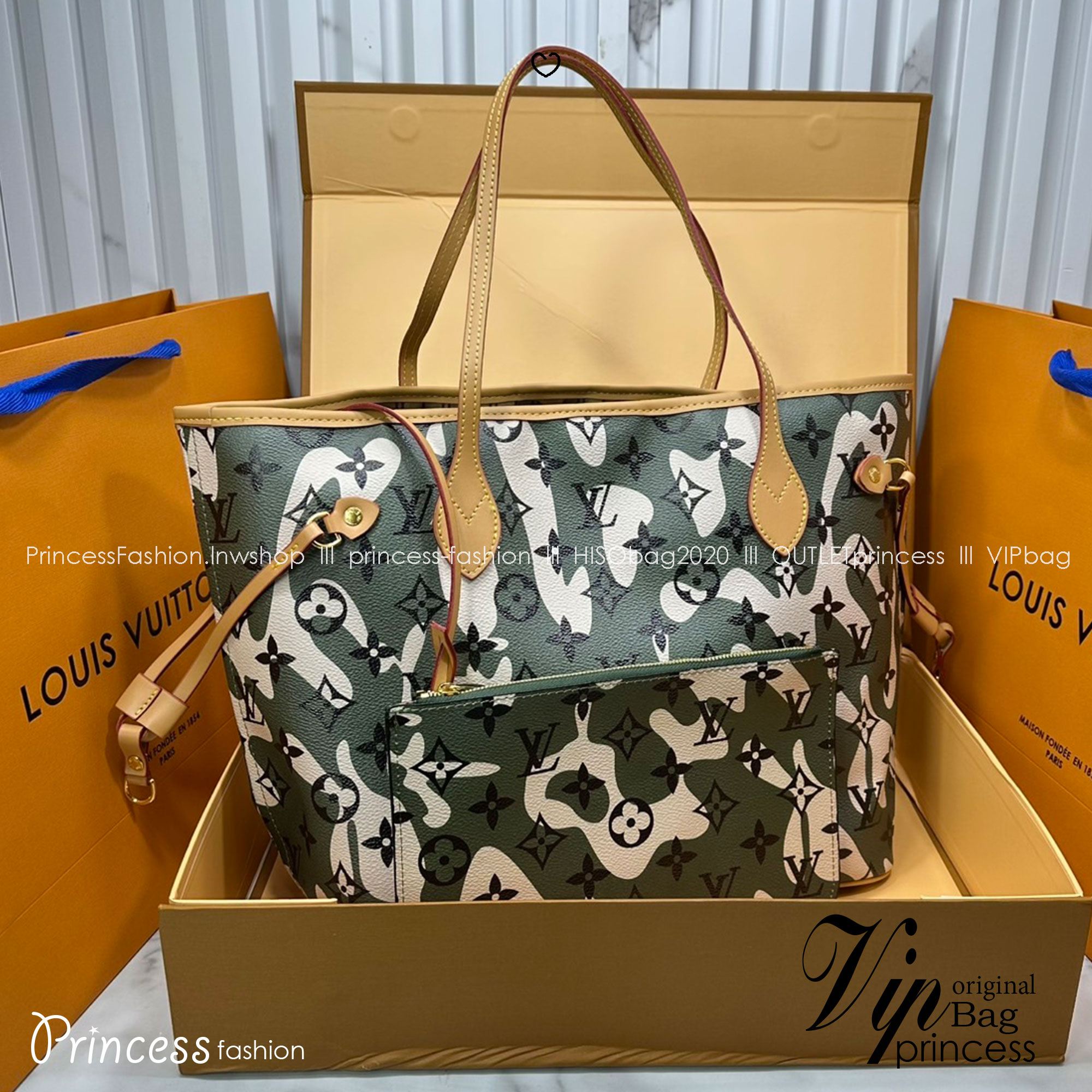 ORI หนังแท้ | LV Neverfull Camouflage Tote Bag กระเป๋าสะพายทรงโท้ทใบใหญ่ โทนเขียวลายใหม่ ภายในโล่งกว้าง จุของได้เยอะ