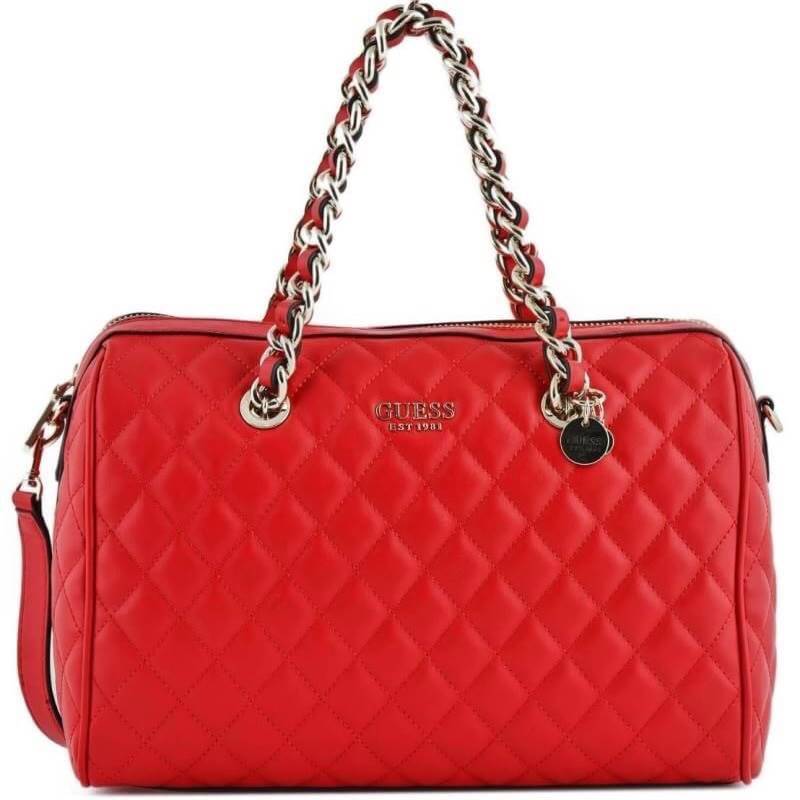 GUESS SWEET CANDY LARGE SATCHEL Handbag รุ่นใหม่หนัง PU นิ่ม เย็บลายตาราง ภายในกว้าง มีช่องซิปภายใน ตัวสายแต่งด้วยโซ่ทองร้อยหนัง สายสะพายถอดและปรับความยาวได้